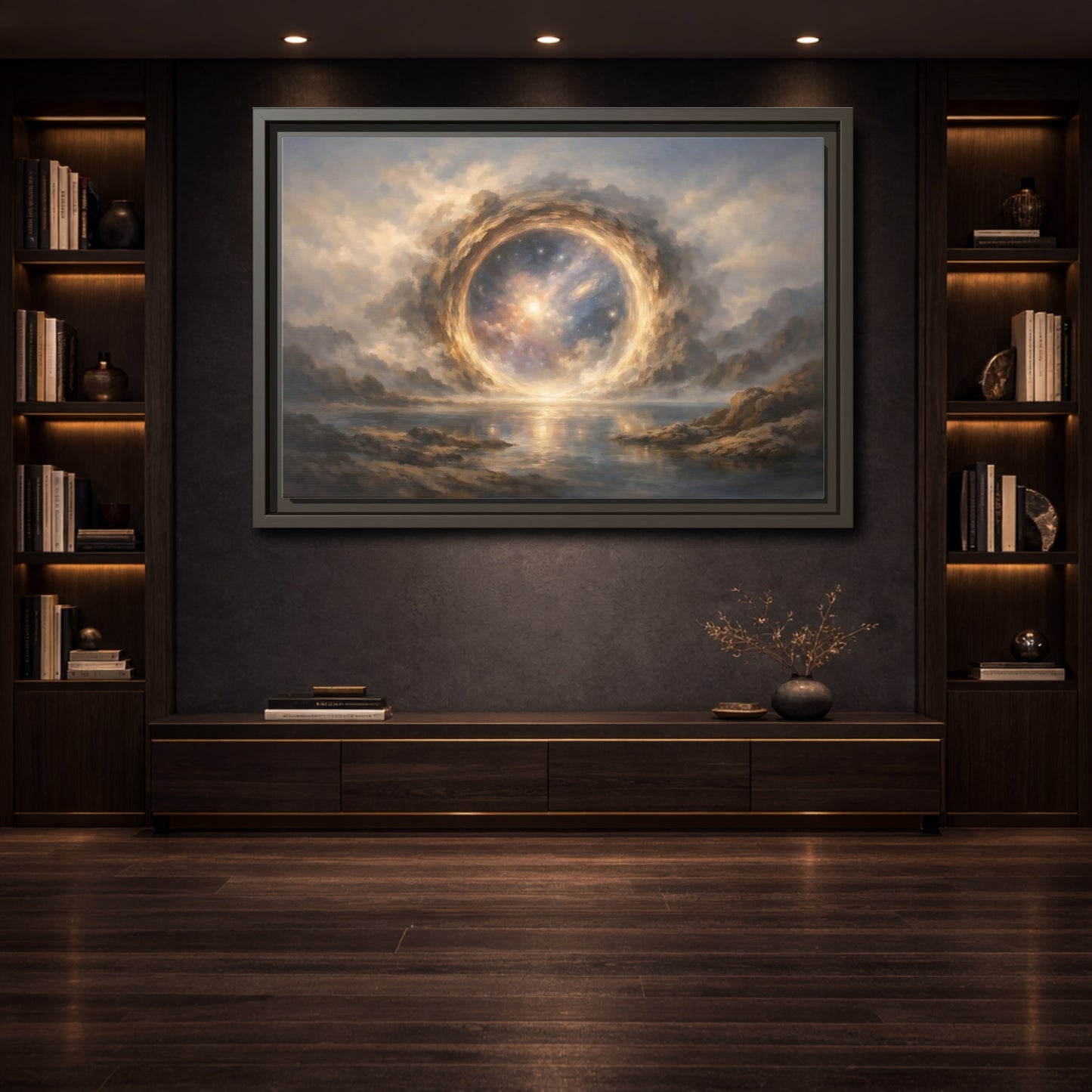Mockup 3. Science Fiction Cosmic Portal Gold Blue Galaxy shown as stretched canvas wall art
