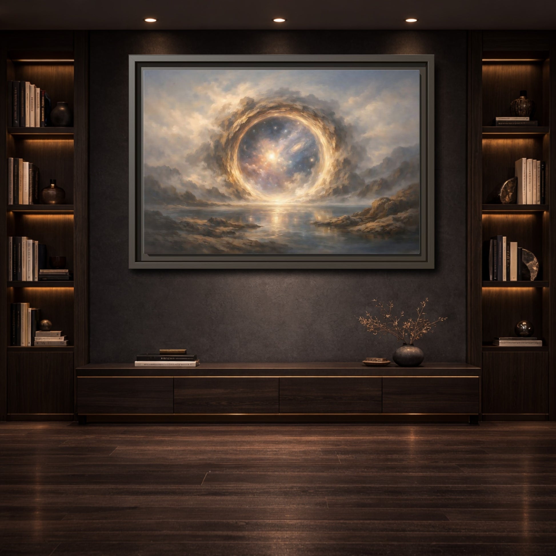 Mockup 3. Science Fiction Cosmic Portal Gold Blue Galaxy shown as stretched canvas wall art