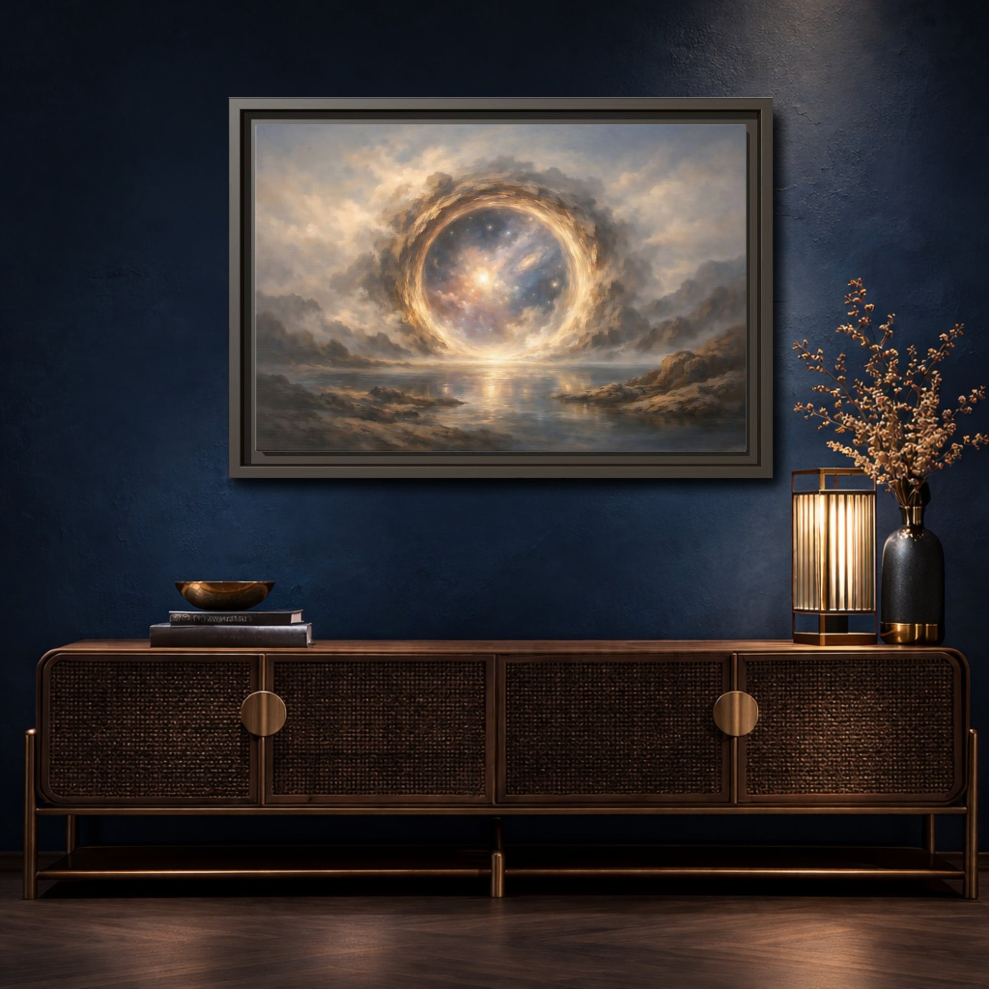 Mockup 4. Science Fiction Cosmic Portal Gold Blue Galaxy shown as stretched canvas wall art