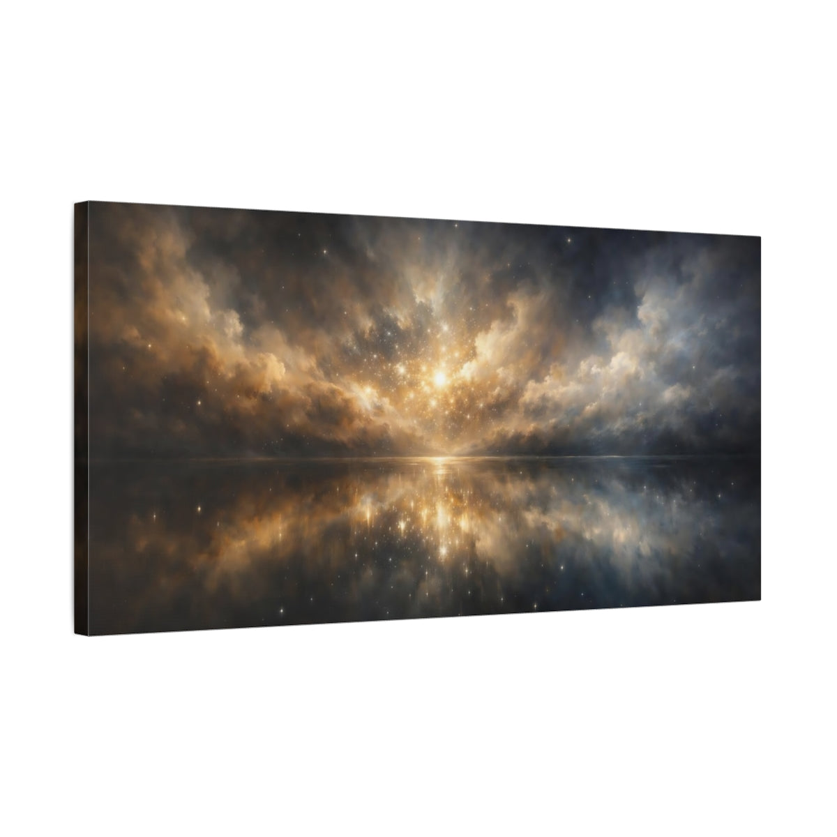 Side Mockup 2. Science Fiction Cosmic Sky Gold And Dark Blue shown as stretched canvas wall art