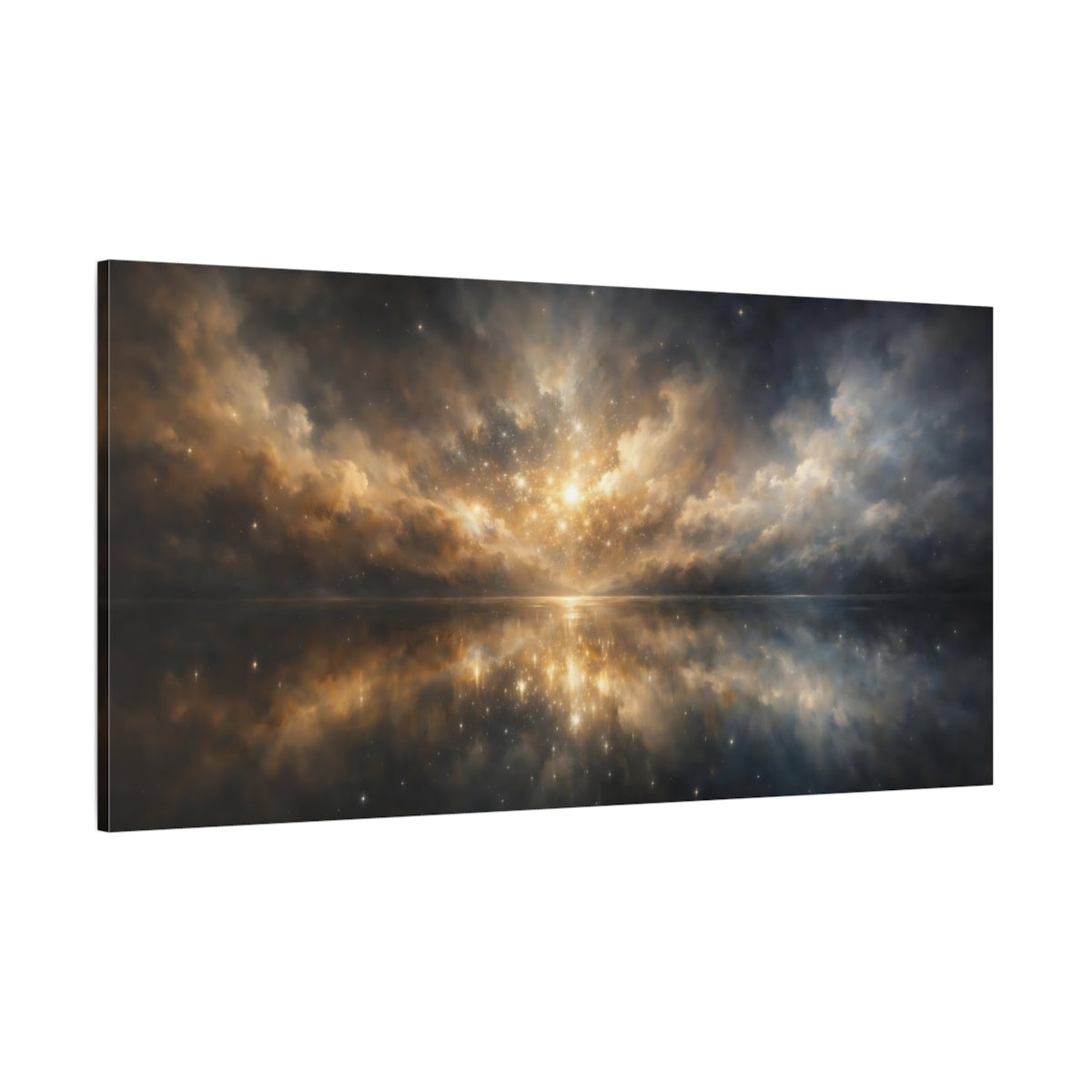 Main Mockup. Science Fiction Cosmic Sky Gold And Dark Blue shown as stretched canvas wall art