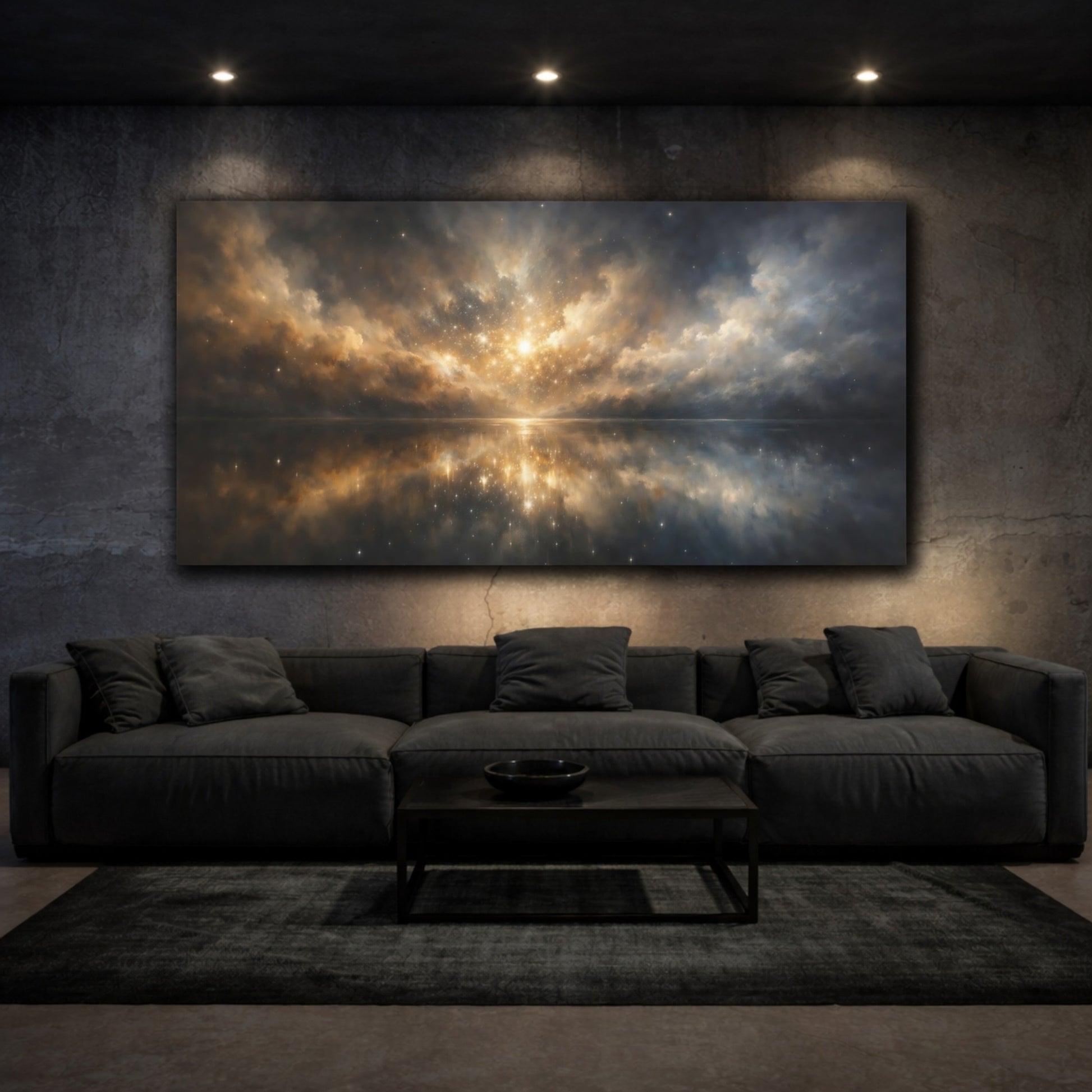 Mockup 2. Science Fiction Cosmic Sky Gold And Dark Blue shown as stretched canvas wall art