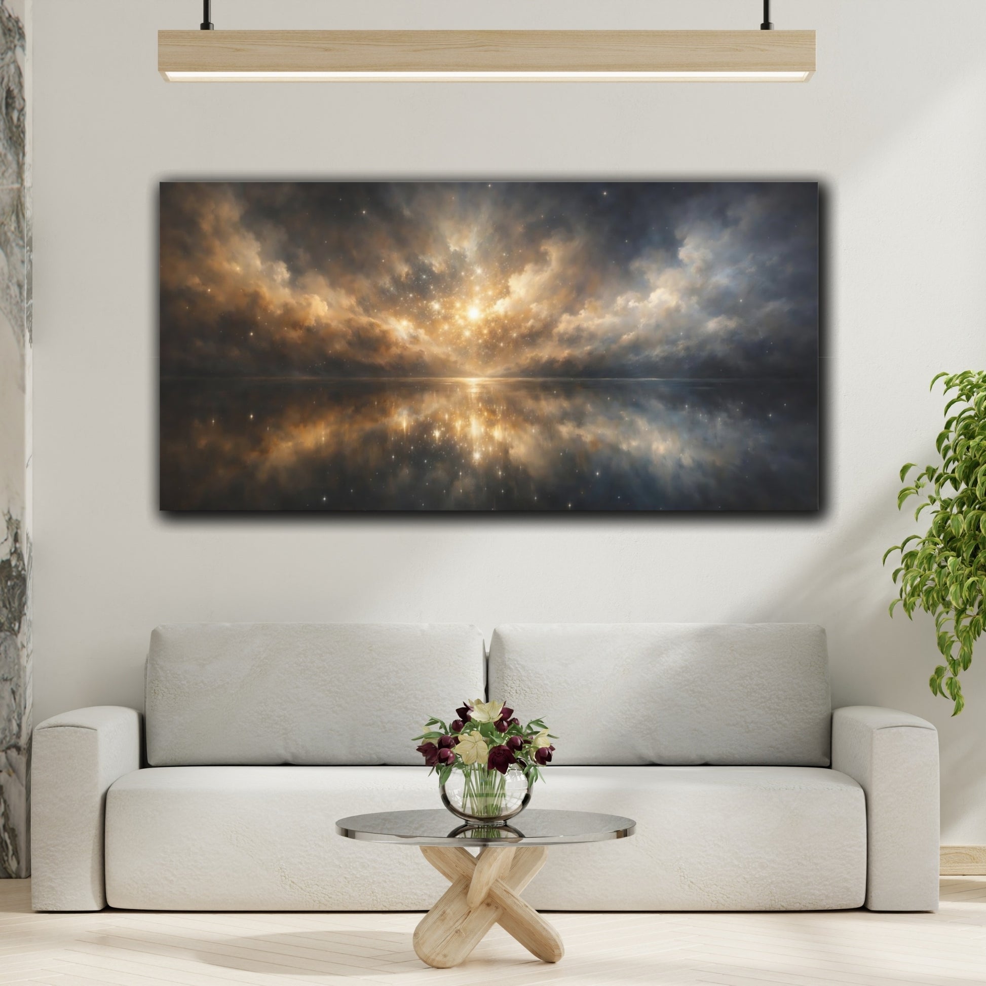 Mockup 3. Science Fiction Cosmic Sky Gold And Dark Blue shown as stretched canvas wall art