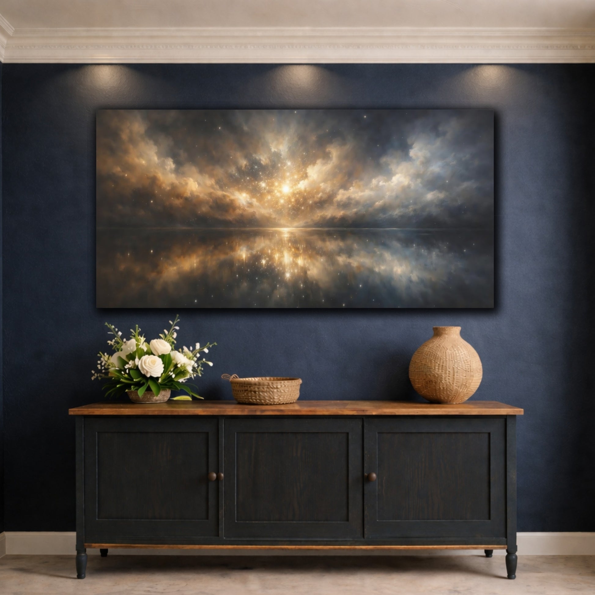 Mockup 4. Science Fiction Cosmic Sky Gold And Dark Blue shown as stretched canvas wall art