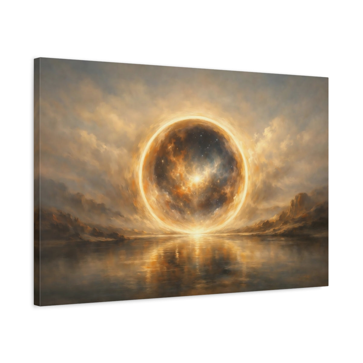 Side Mockup 2. Science Fiction Cosmic Sphere Celestial Glow shown as stretched canvas wall art