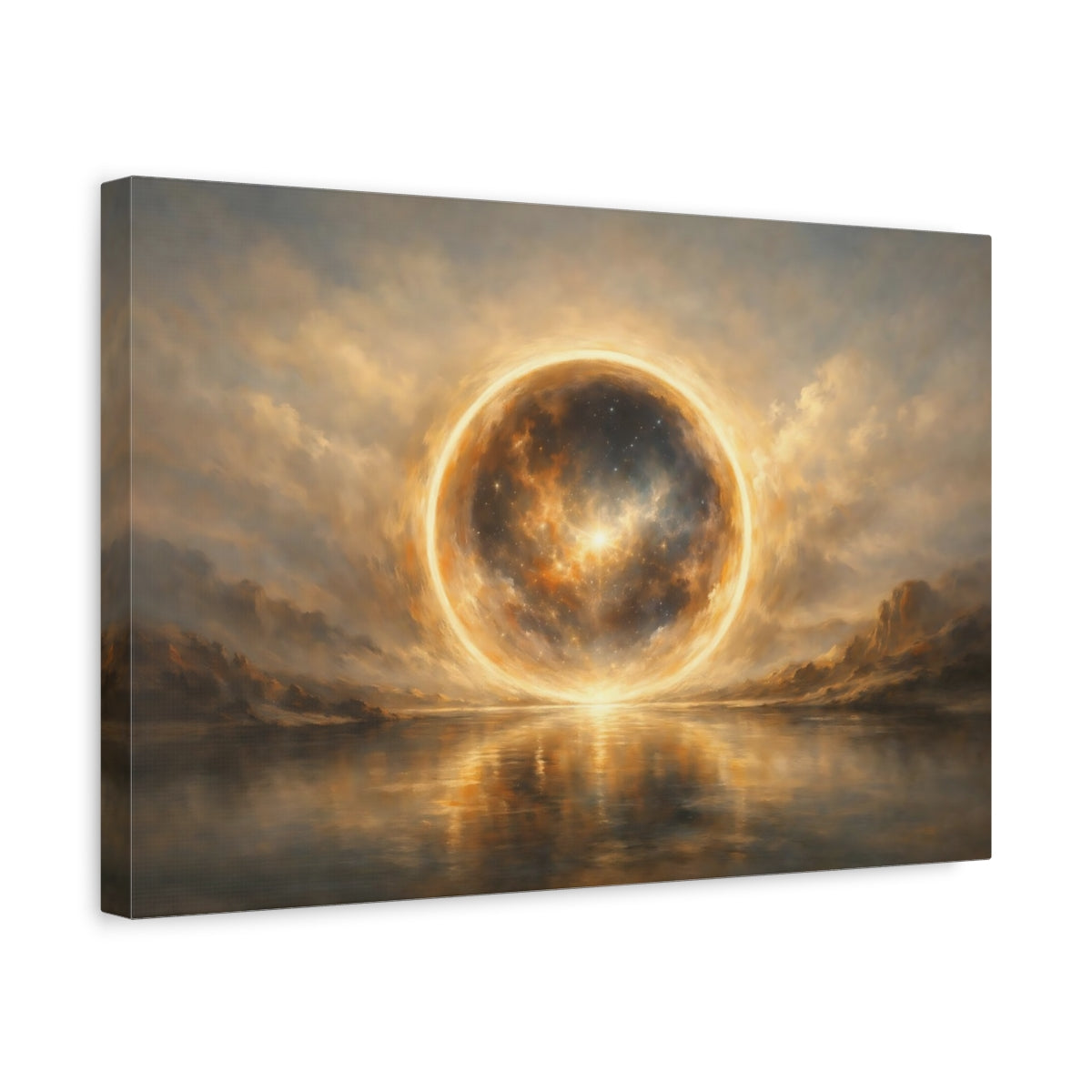 Side Mockup 4. Science Fiction Cosmic Sphere Celestial Glow shown as stretched canvas wall art