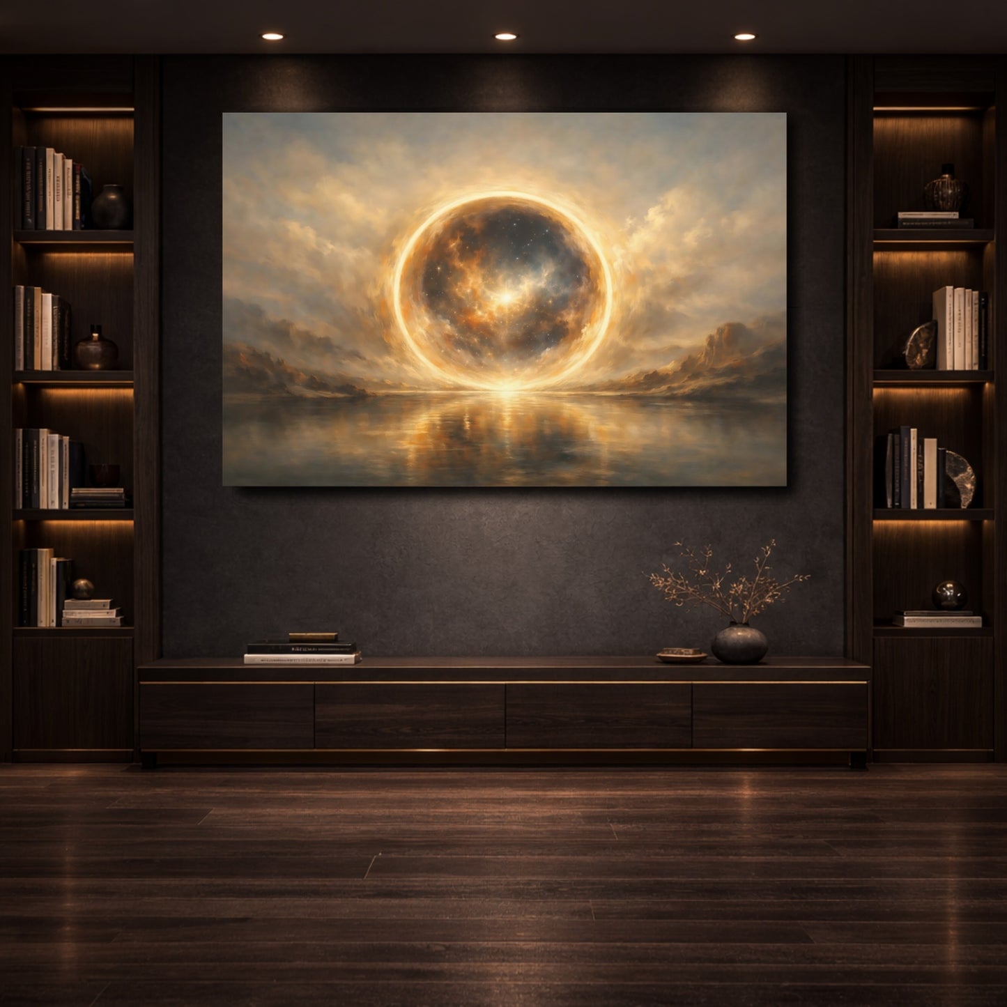 Mockup 3. Science Fiction Cosmic Sphere Celestial Glow shown as stretched canvas wall art