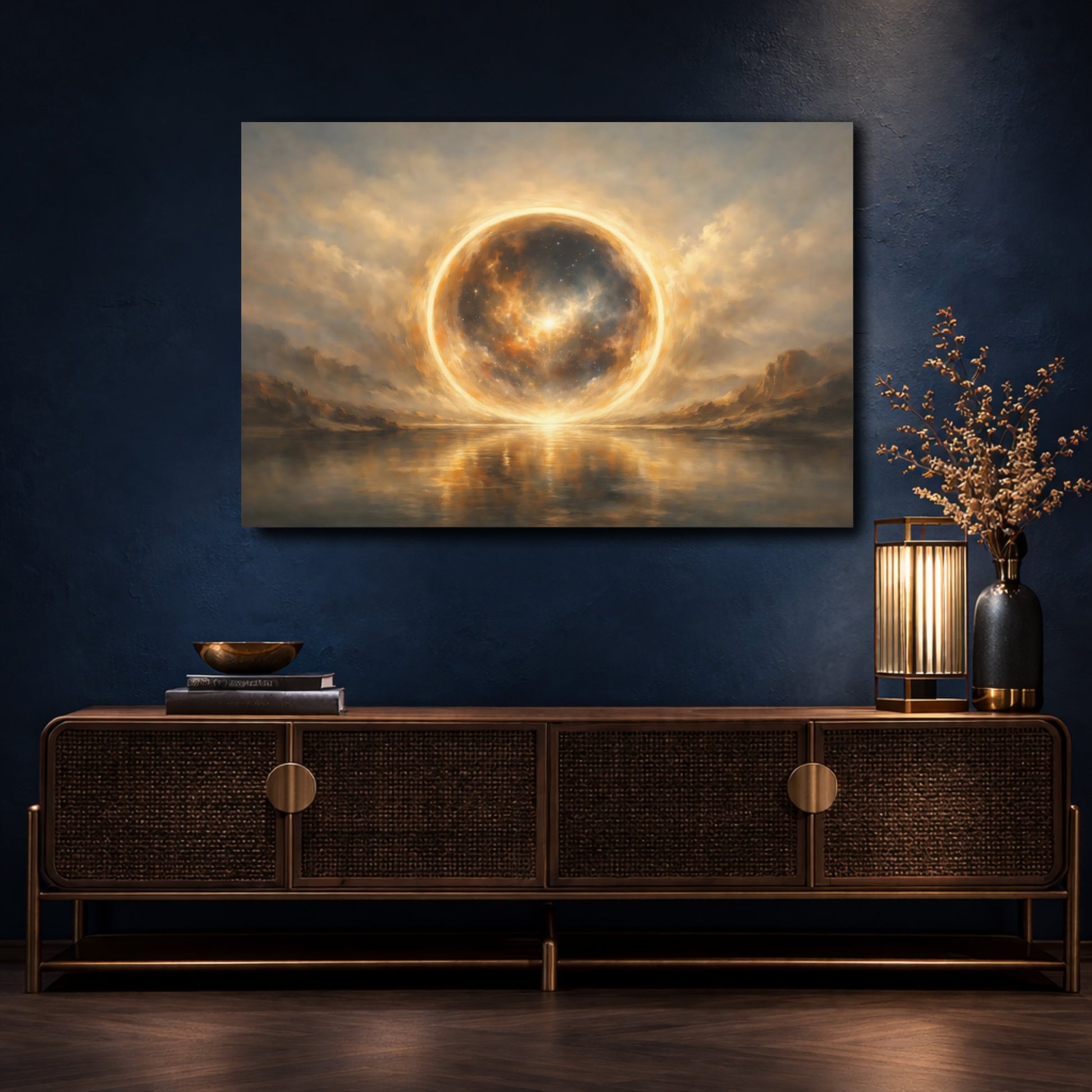 Mockup 4. Science Fiction Cosmic Sphere Celestial Glow shown as stretched canvas wall art