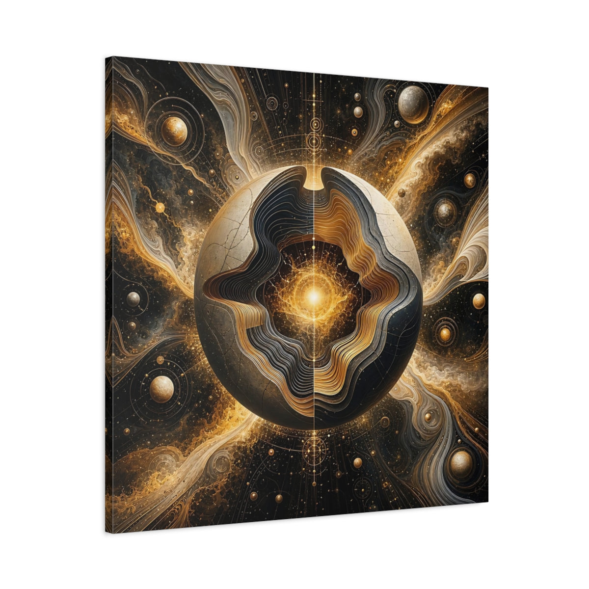Main Mockup. Science Fiction Cosmic Sphere Gold And Black shown as stretched canvas wall art
