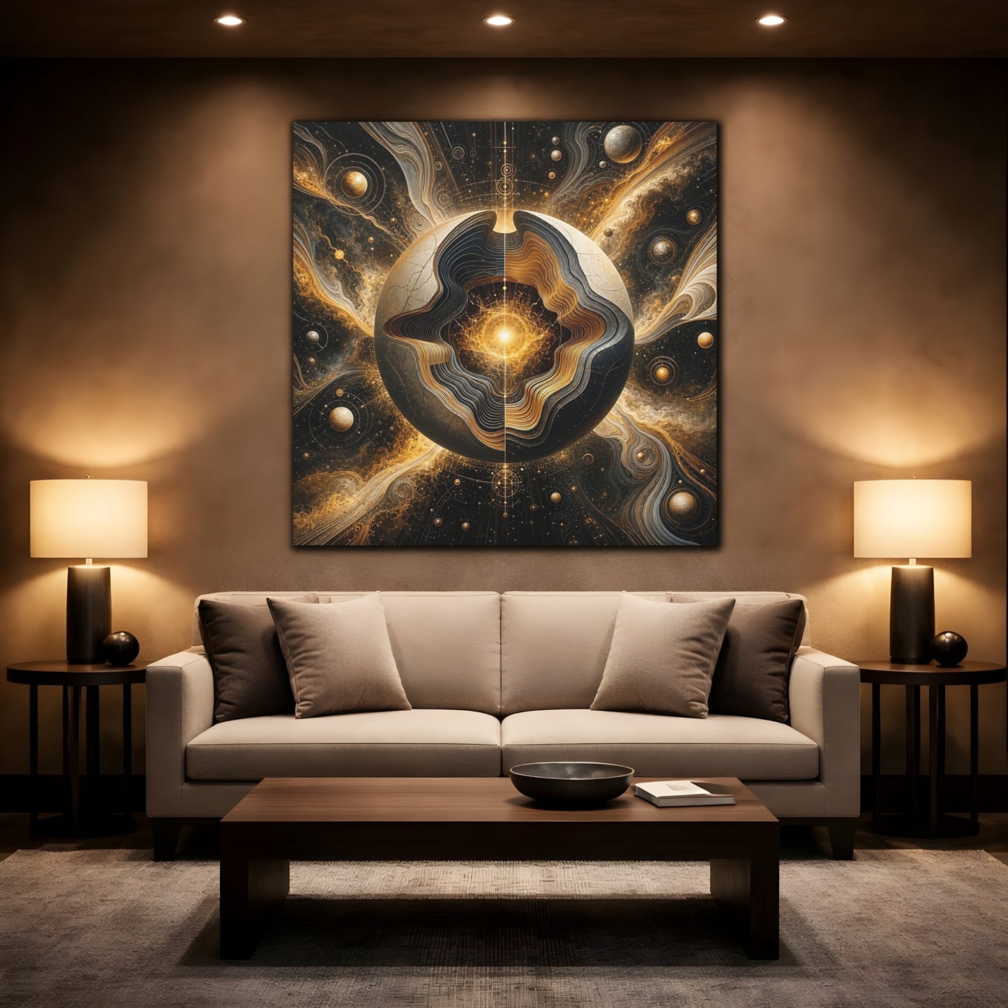 Mockup 2. Science Fiction Cosmic Sphere Gold And Black shown as stretched canvas wall art