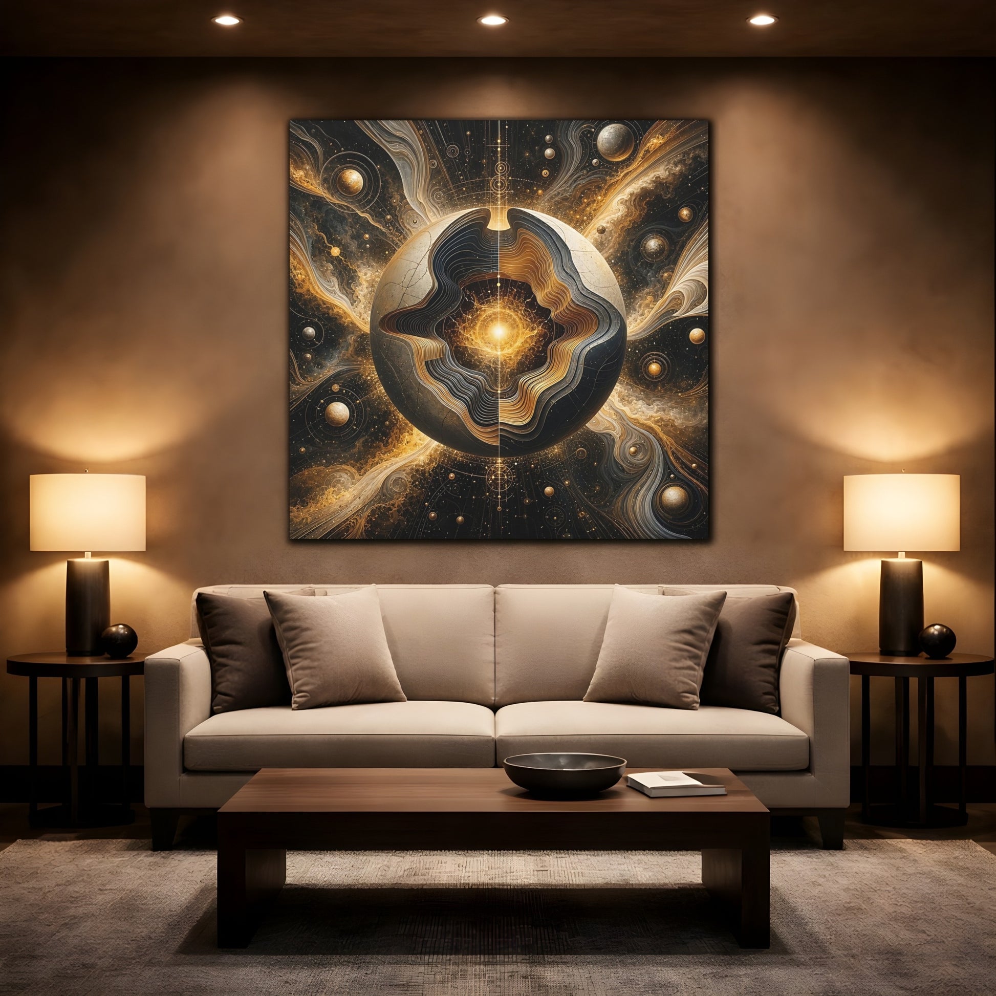 Mockup 2. Science Fiction Cosmic Sphere Gold And Black shown as stretched canvas wall art