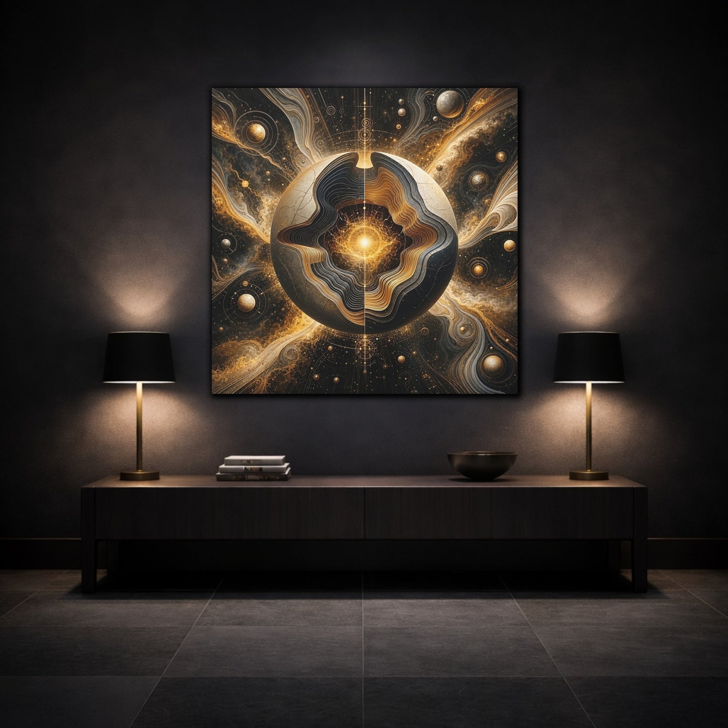 Mockup 3. Science Fiction Cosmic Sphere Gold And Black shown as stretched canvas wall art