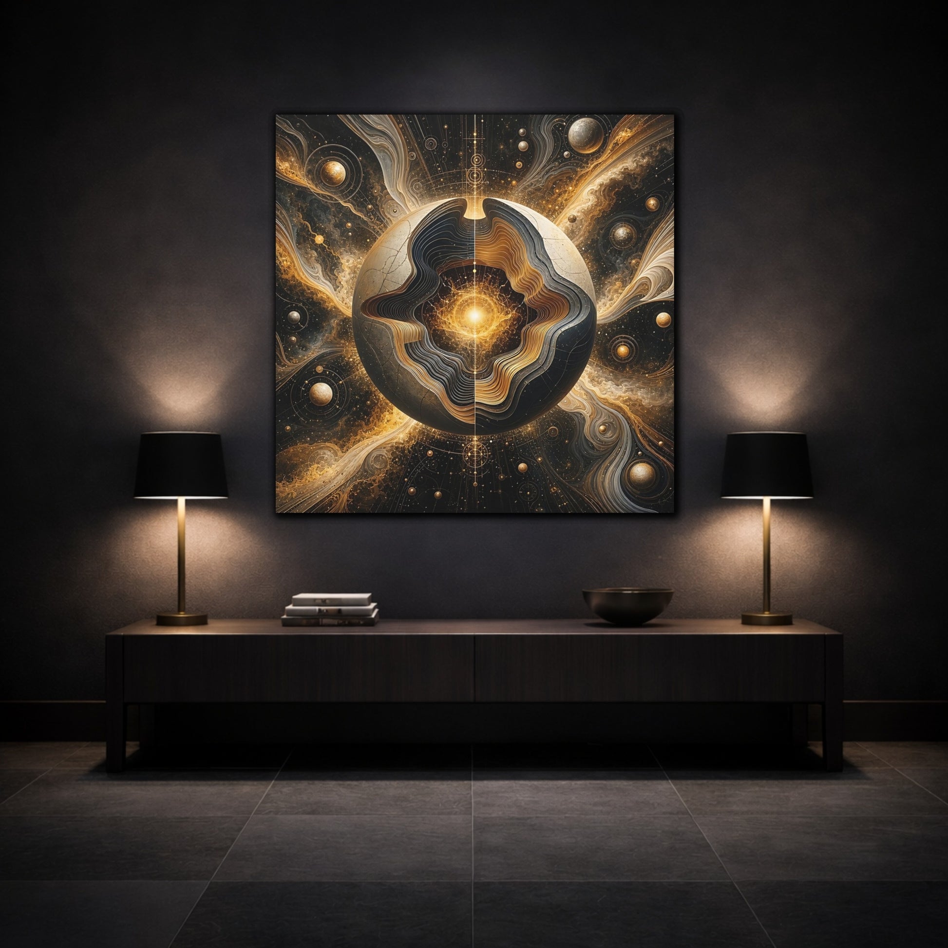 Mockup 3. Science Fiction Cosmic Sphere Gold And Black shown as stretched canvas wall art
