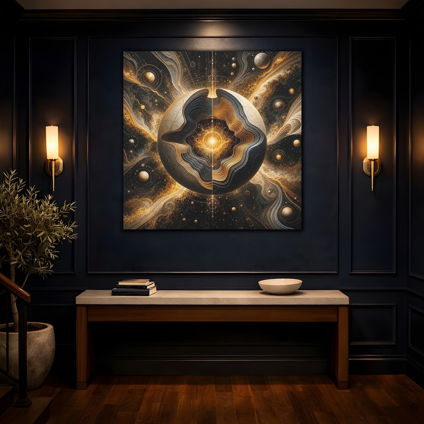 Mockup 4. Science Fiction Cosmic Sphere Gold And Black shown as stretched canvas wall art