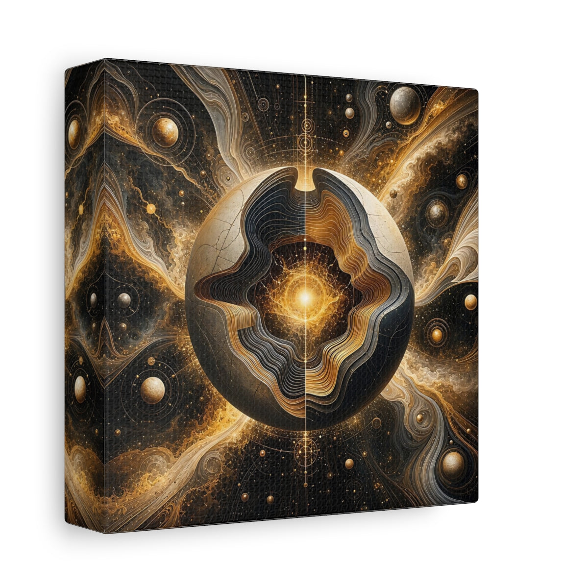 Side Mockup 2. Science Fiction Cosmic Sphere Gold And Black shown as stretched canvas wall art