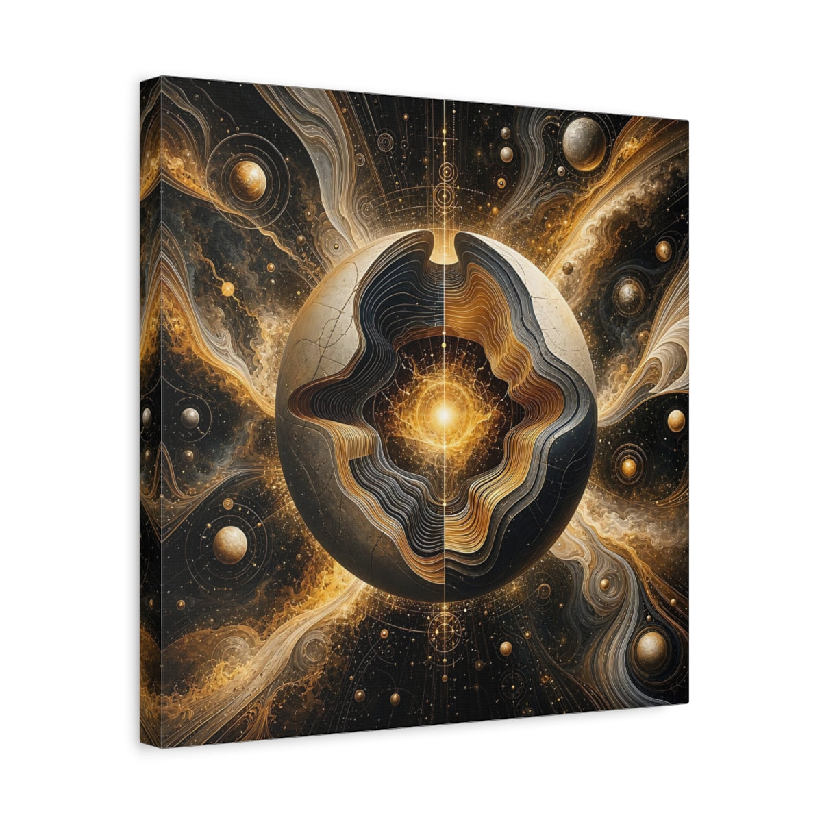 Side Mockup 6. Science Fiction Cosmic Sphere Gold And Black shown as stretched canvas wall art