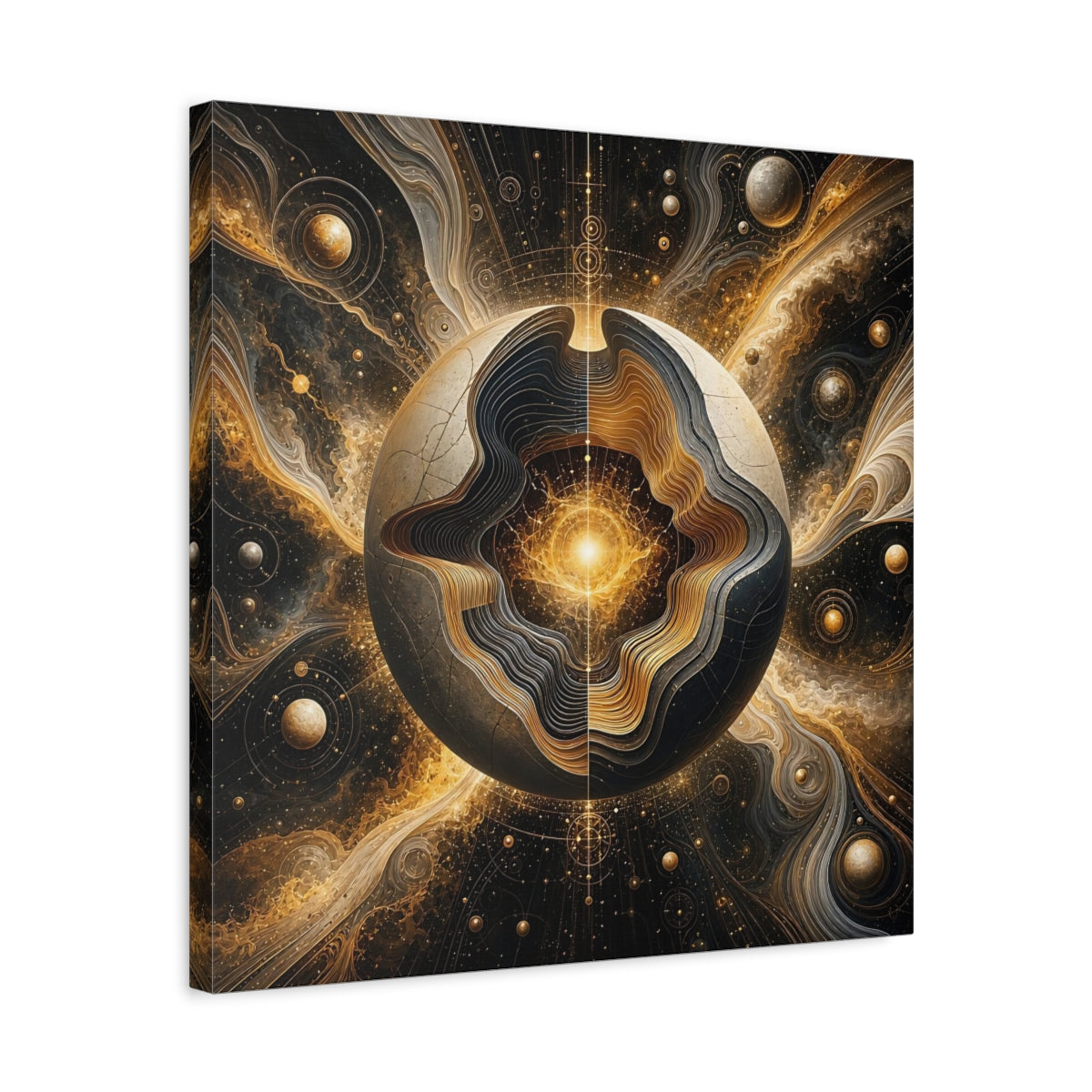Side Mockup 5. Science Fiction Cosmic Sphere Gold And Black shown as stretched canvas wall art