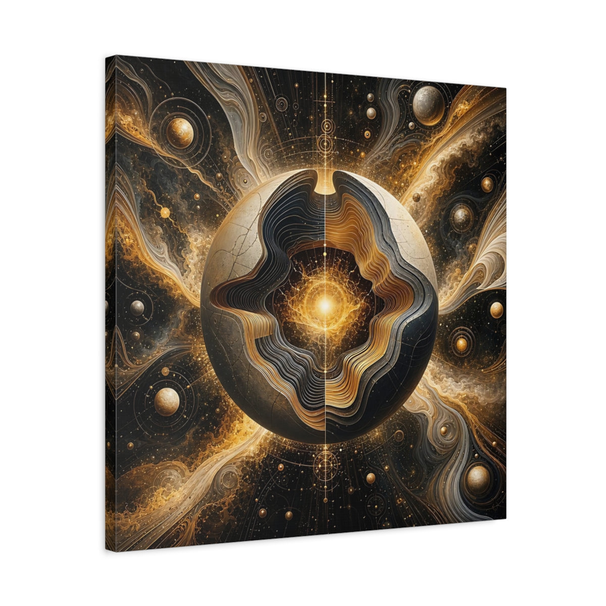 Side Mockup 4. Science Fiction Cosmic Sphere Gold And Black shown as stretched canvas wall art