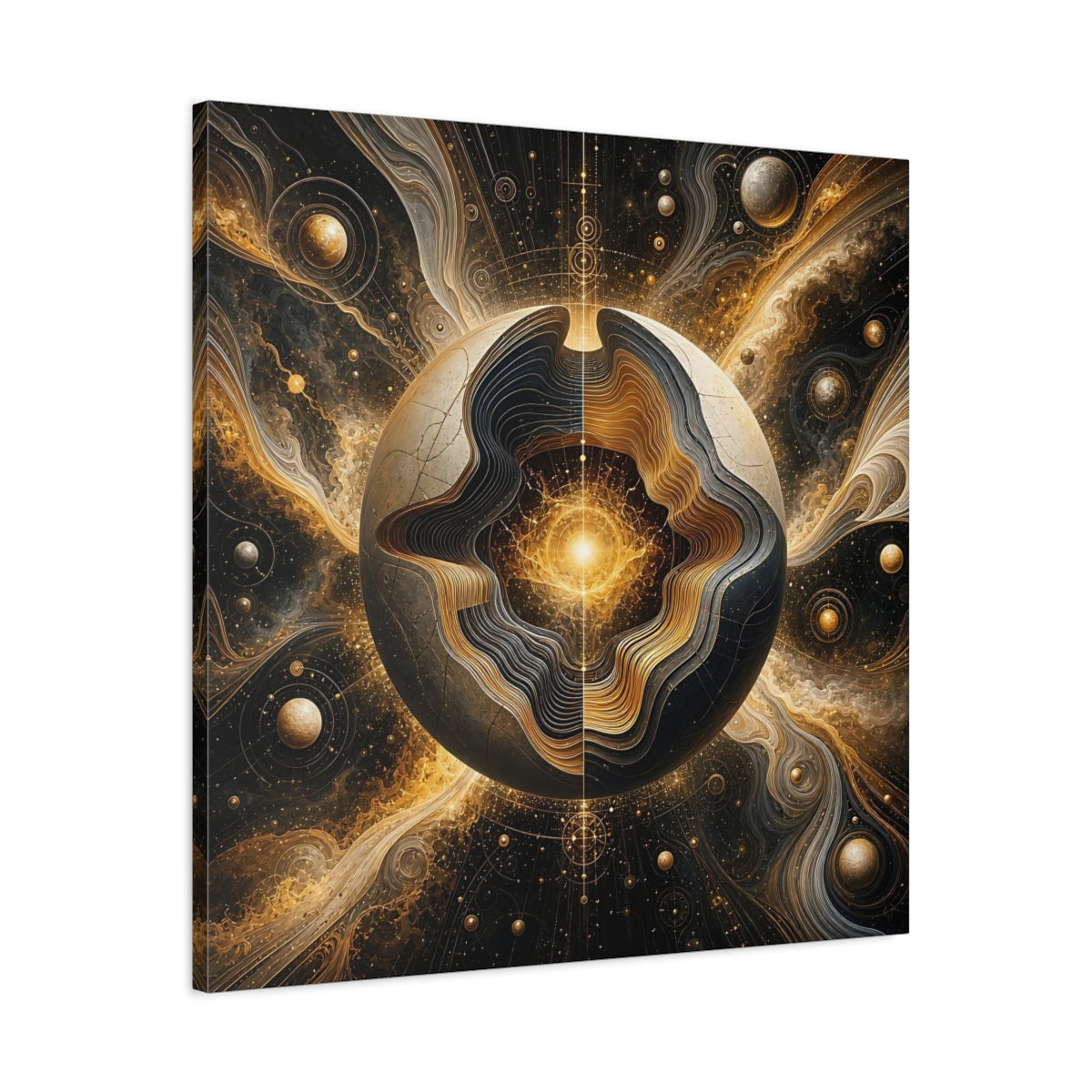Side Mockup 3. Science Fiction Cosmic Sphere Gold And Black shown as stretched canvas wall art