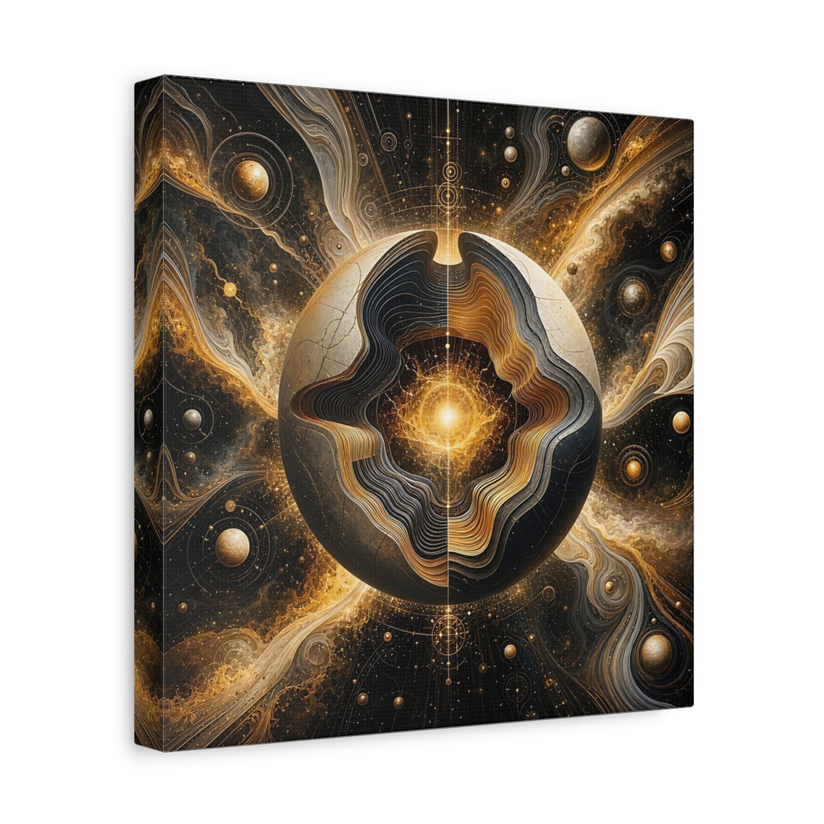 Side Mockup 8. Science Fiction Cosmic Sphere Gold And Black shown as stretched canvas wall art