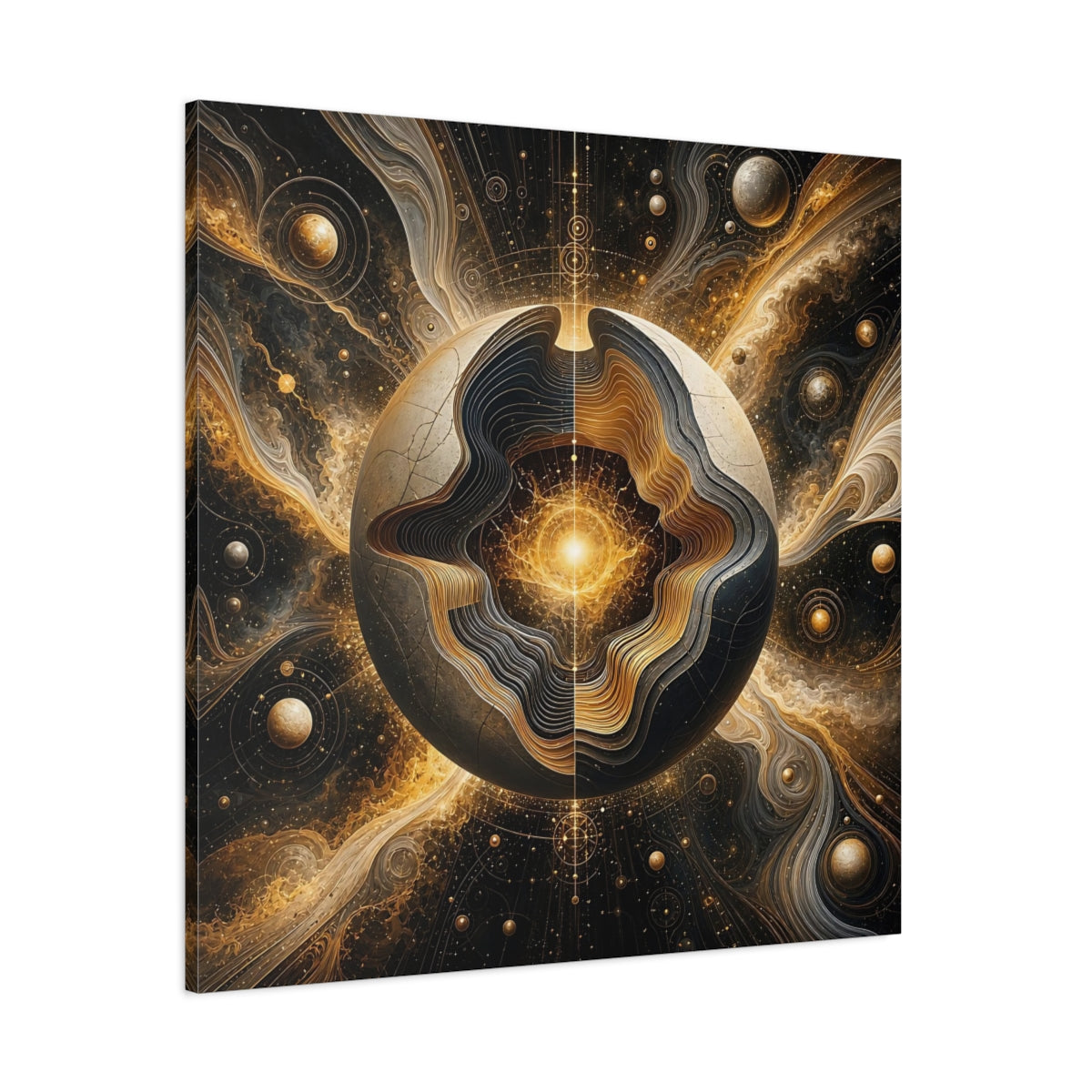 Side Mockup 1. Science Fiction Cosmic Sphere Gold And Black shown as stretched canvas wall art