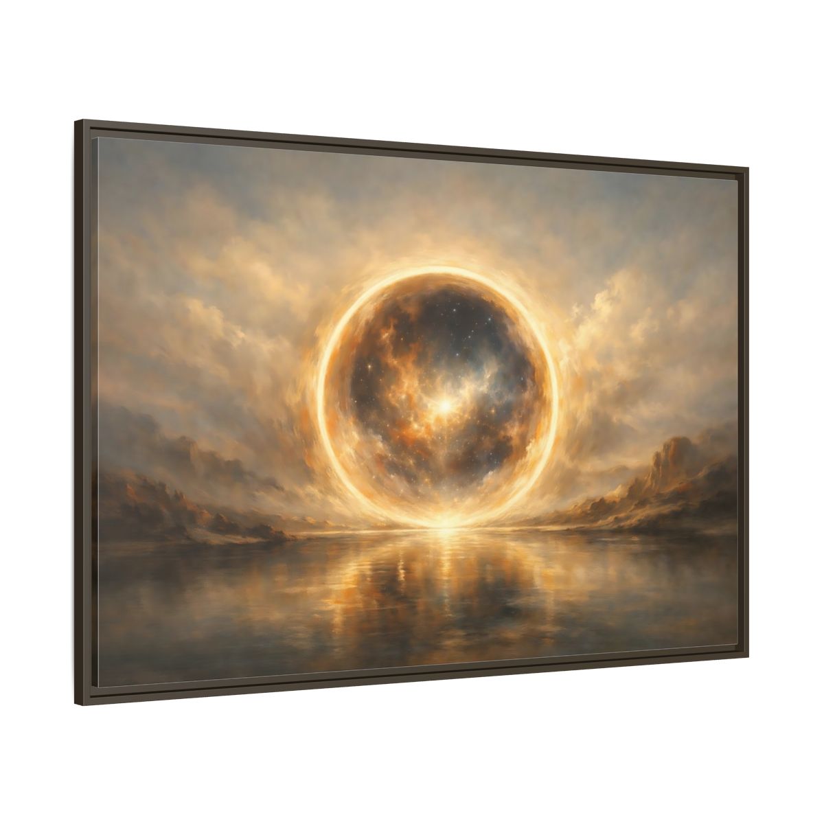 Main Mockup. Science Fiction Cosmic Sphere Golden Cosmic shown as stretched canvas wall art