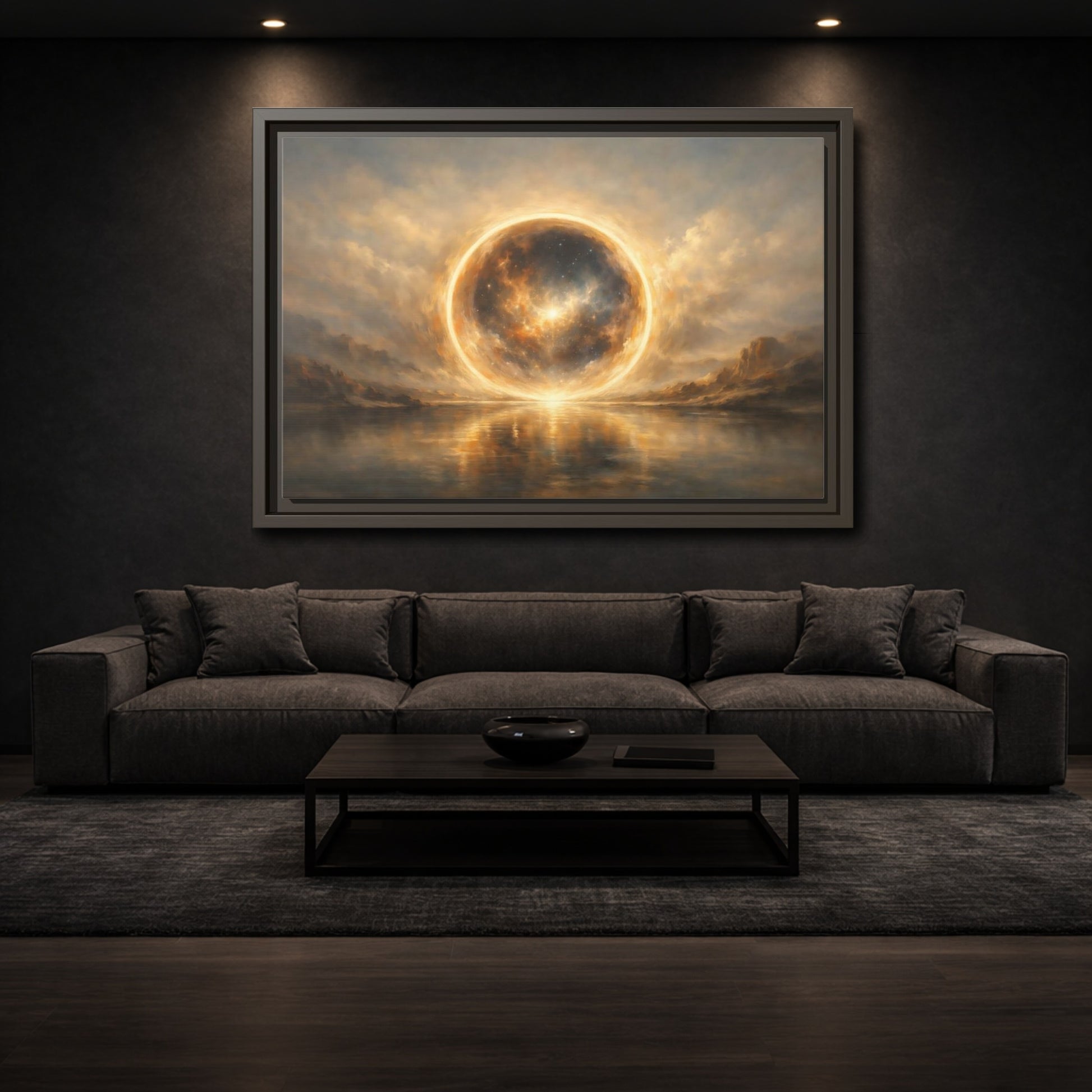 Mockup 2. Science Fiction Cosmic Sphere Golden Cosmic shown as stretched canvas wall art