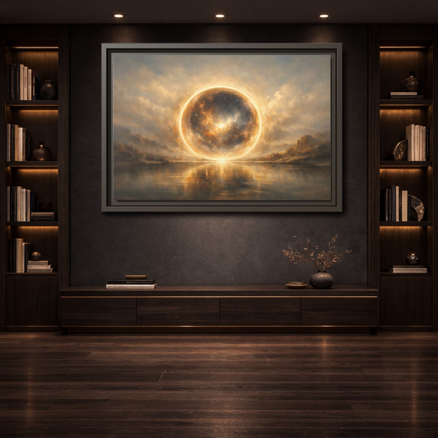 Mockup 3. Science Fiction Cosmic Sphere Golden Cosmic shown as stretched canvas wall art