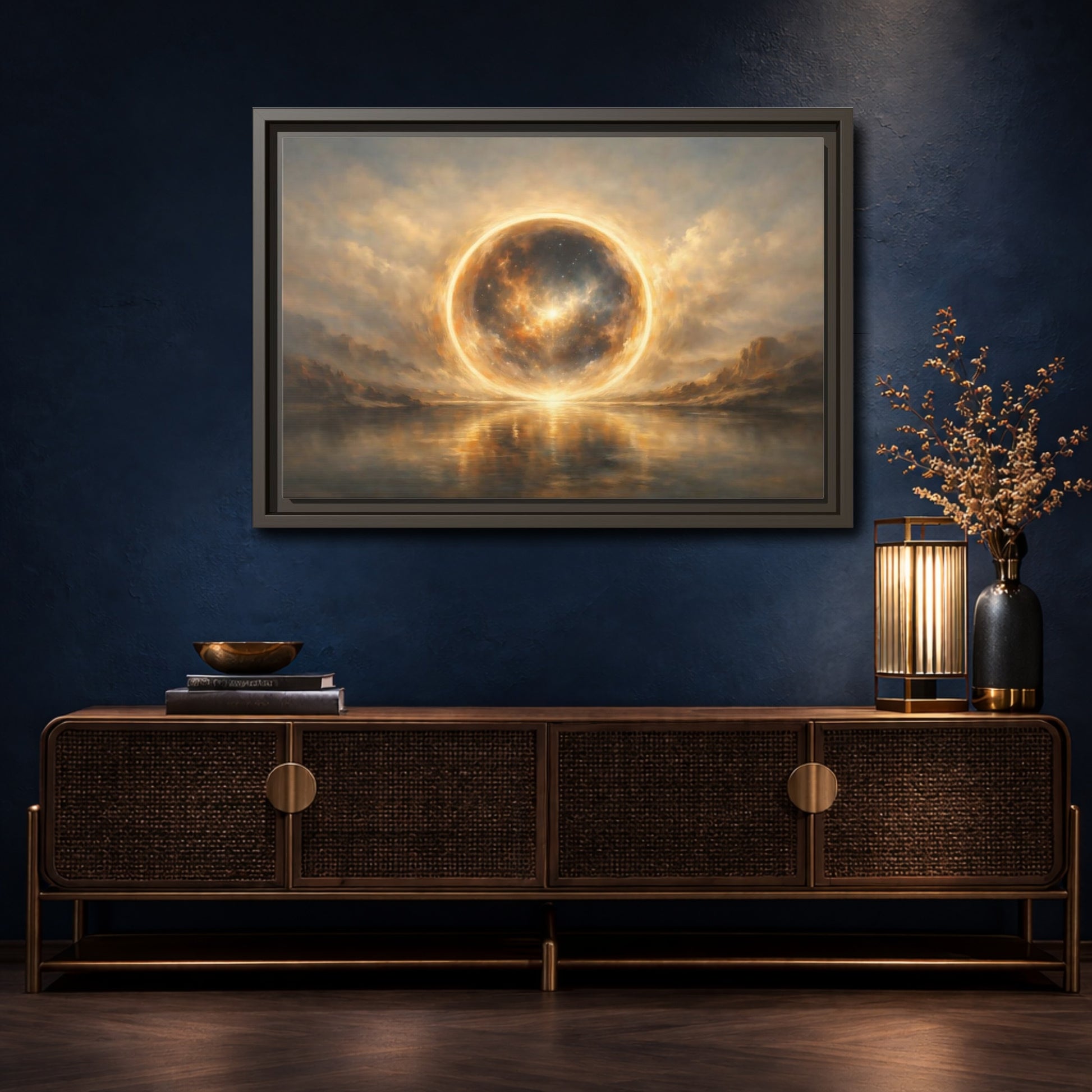 Mockup 4. Science Fiction Cosmic Sphere Golden Cosmic shown as stretched canvas wall art