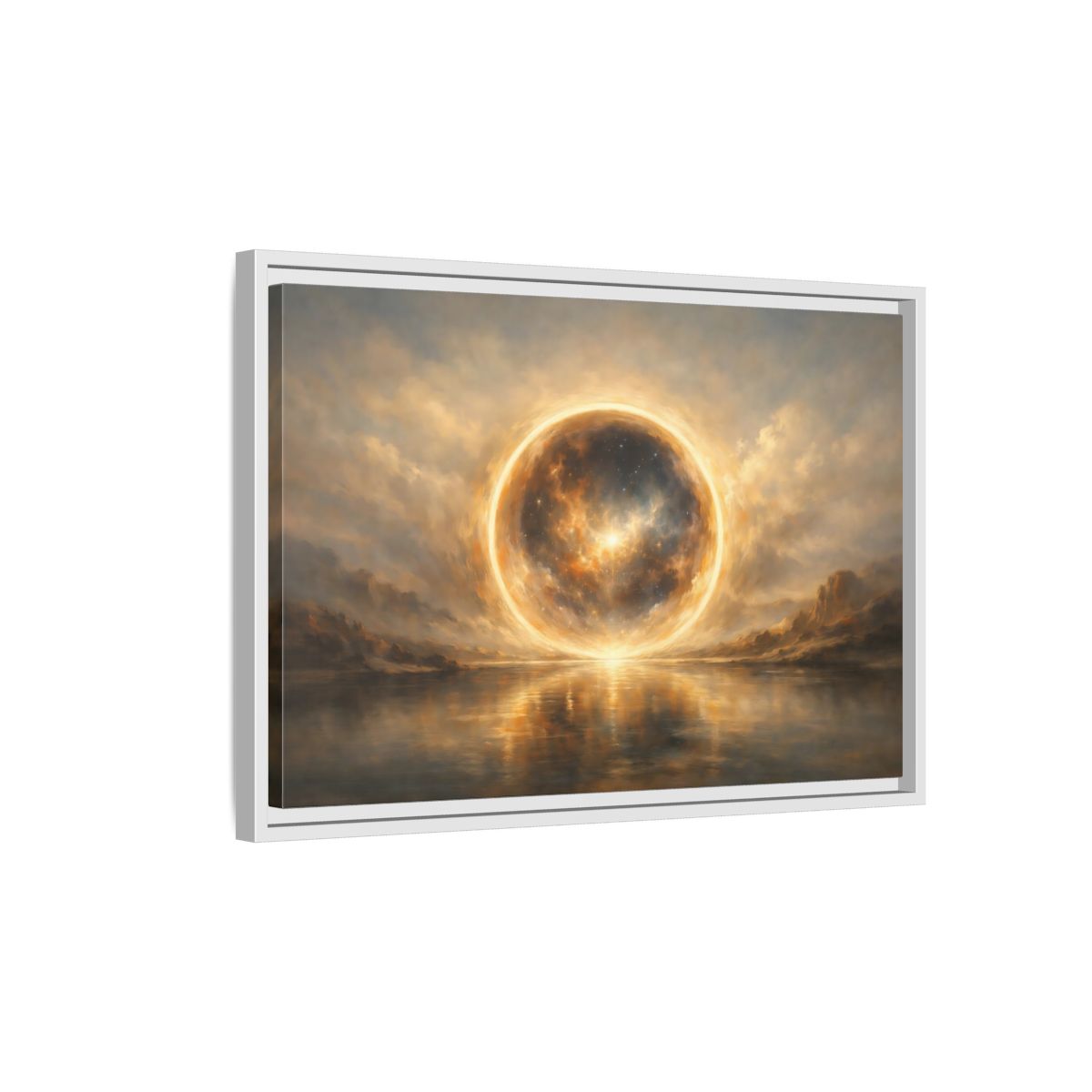 Side Mockup 1. Science Fiction Cosmic Sphere Golden Cosmic shown as stretched canvas wall art
