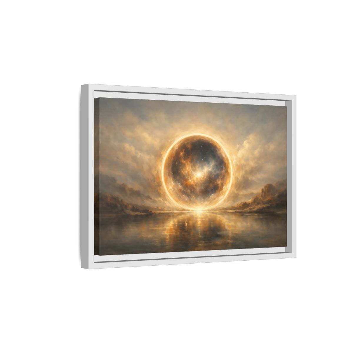 Side Mockup 4. Science Fiction Cosmic Sphere Golden Cosmic shown as stretched canvas wall art