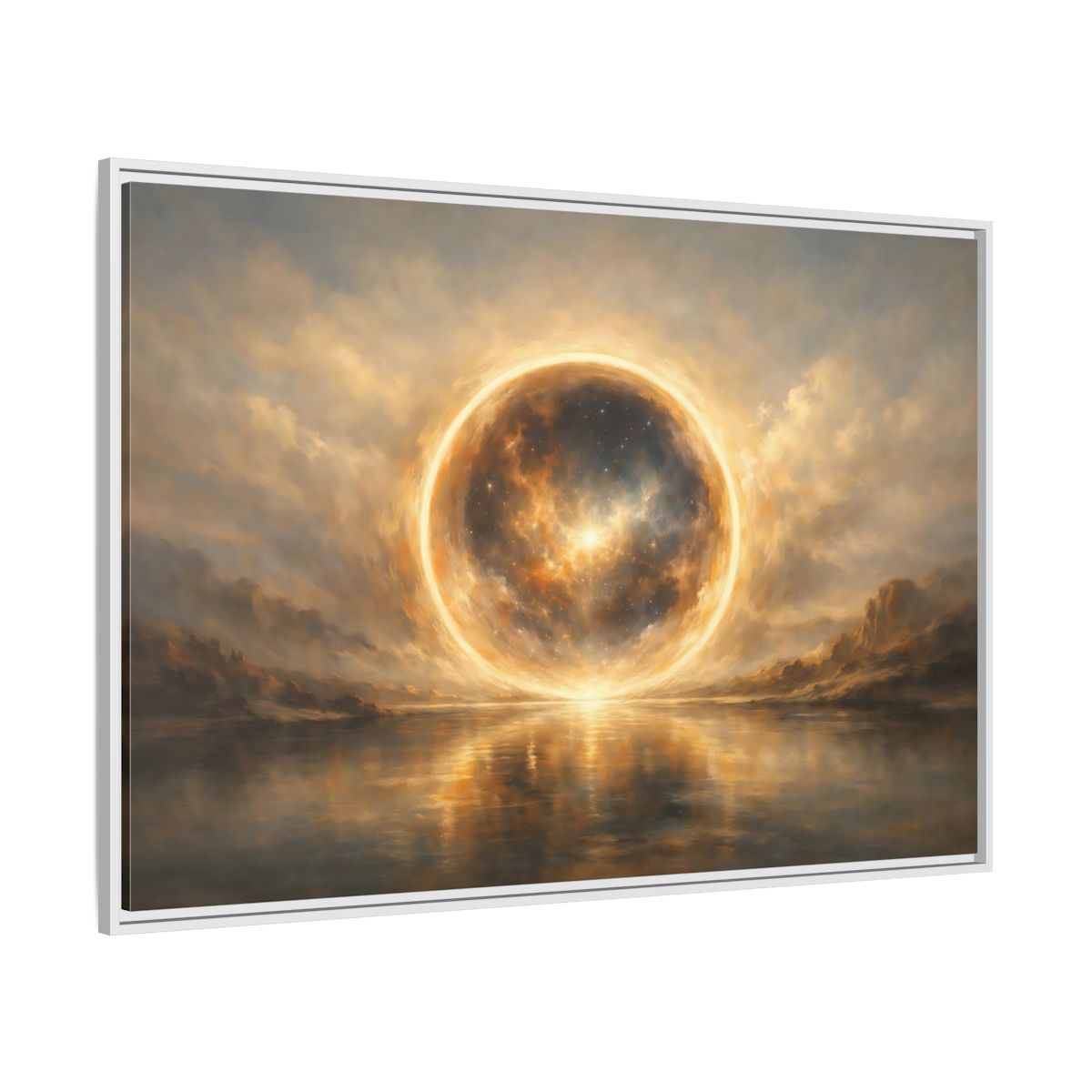 Side Mockup 7. Science Fiction Cosmic Sphere Golden Cosmic shown as stretched canvas wall art