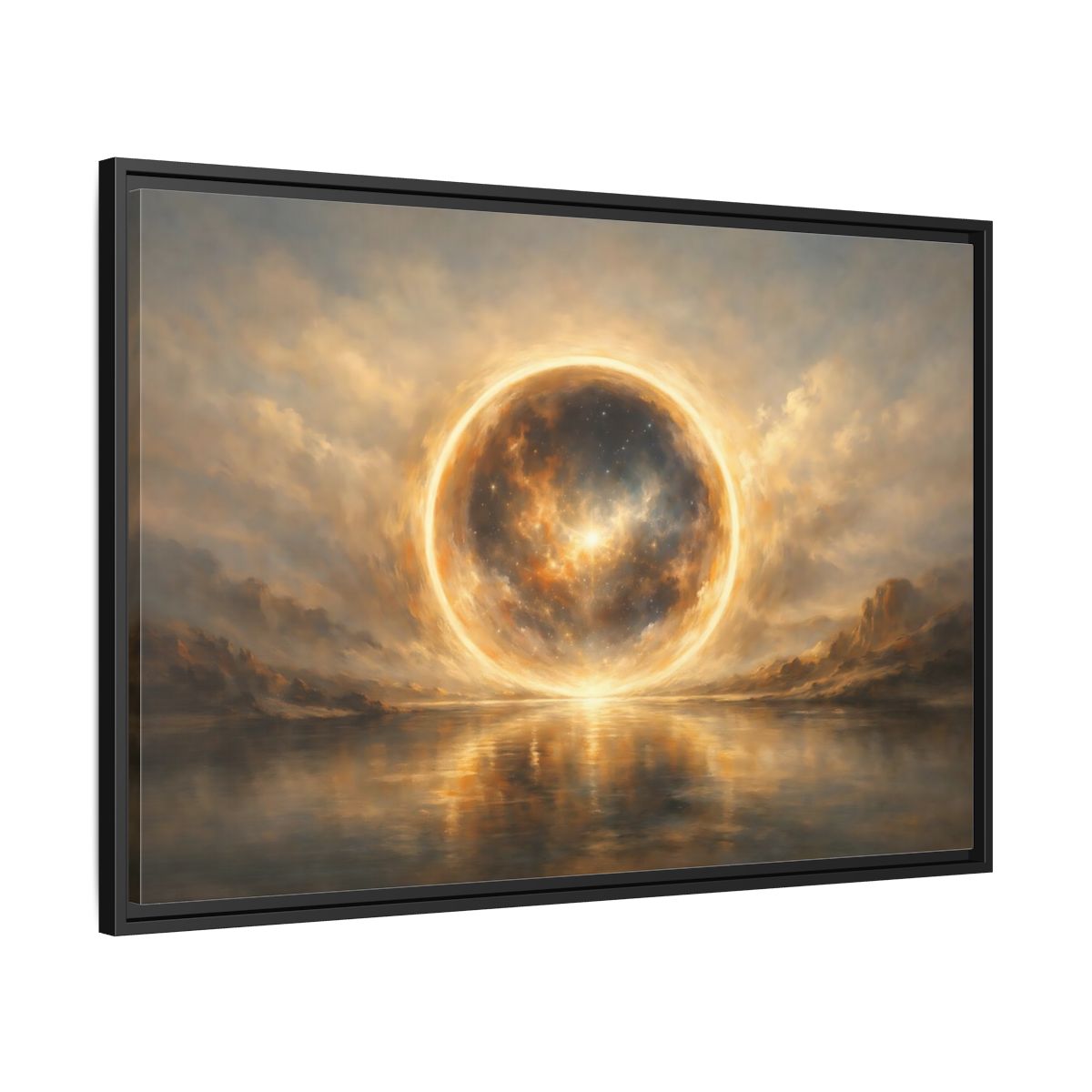 Side Mockup 13. Science Fiction Cosmic Sphere Golden Cosmic shown as stretched canvas wall art