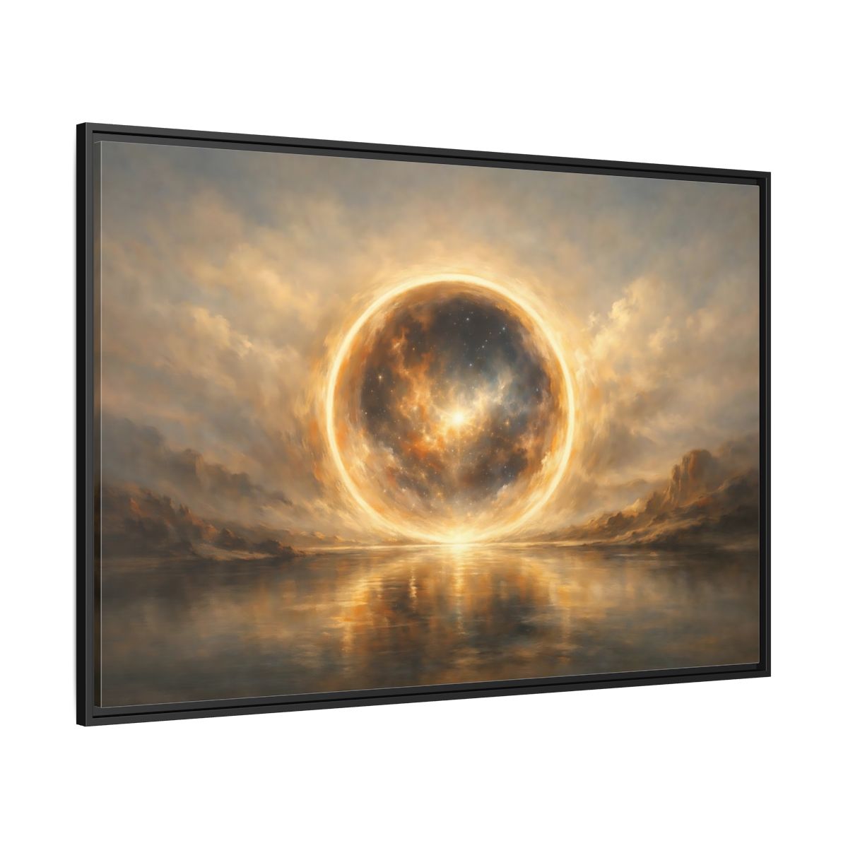 Side Mockup 12. Science Fiction Cosmic Sphere Golden Cosmic shown as stretched canvas wall art