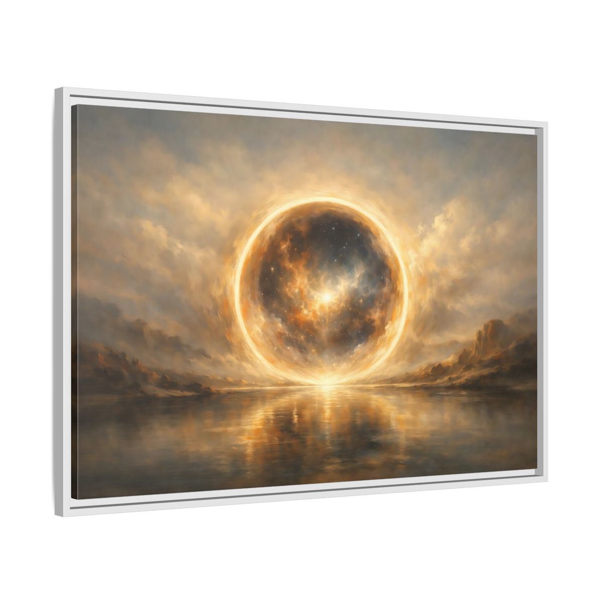 Side Mockup 8. Science Fiction Cosmic Sphere Golden Cosmic shown as stretched canvas wall art