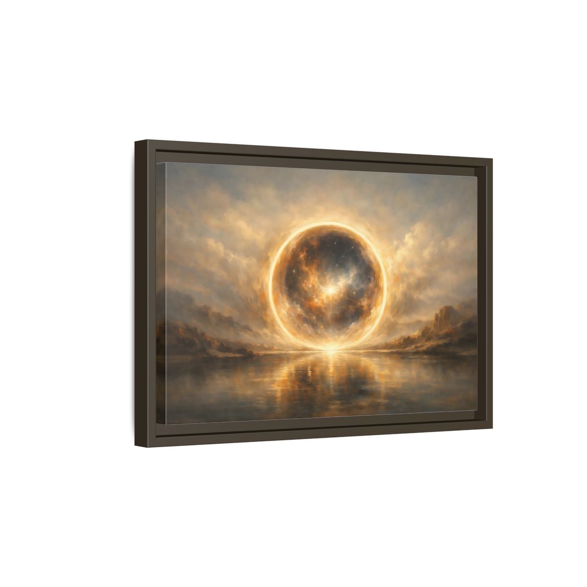 Side Mockup 5. Science Fiction Cosmic Sphere Golden Cosmic shown as stretched canvas wall art