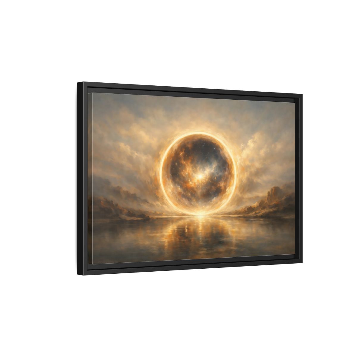 Side Mockup 3. Science Fiction Cosmic Sphere Golden Cosmic shown as stretched canvas wall art