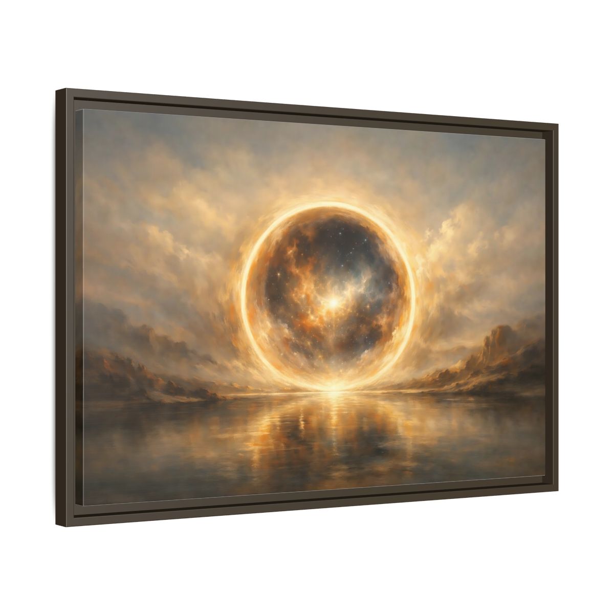 Side Mockup 11. Science Fiction Cosmic Sphere Golden Cosmic shown as stretched canvas wall art