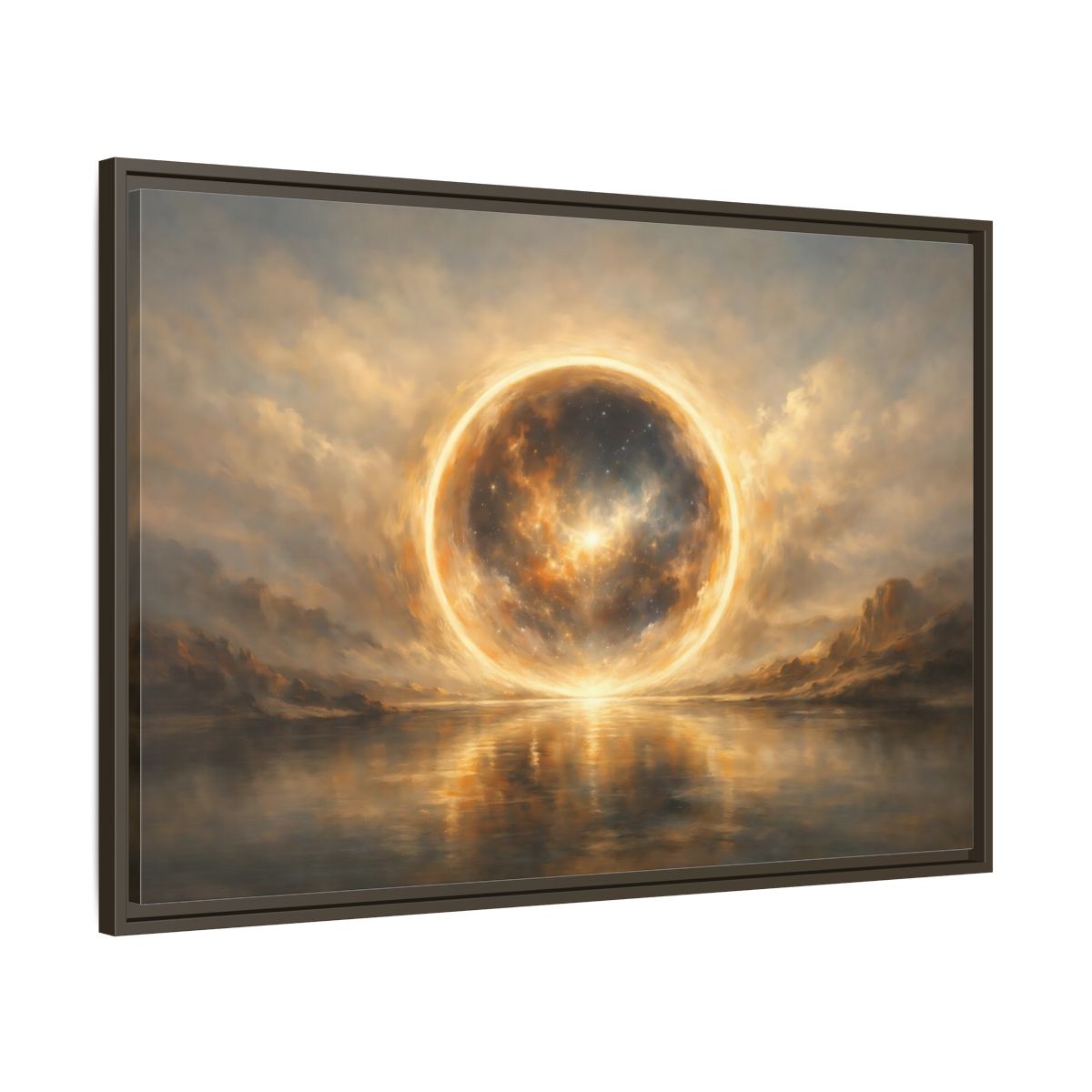 Side Mockup 9. Science Fiction Cosmic Sphere Golden Cosmic shown as stretched canvas wall art