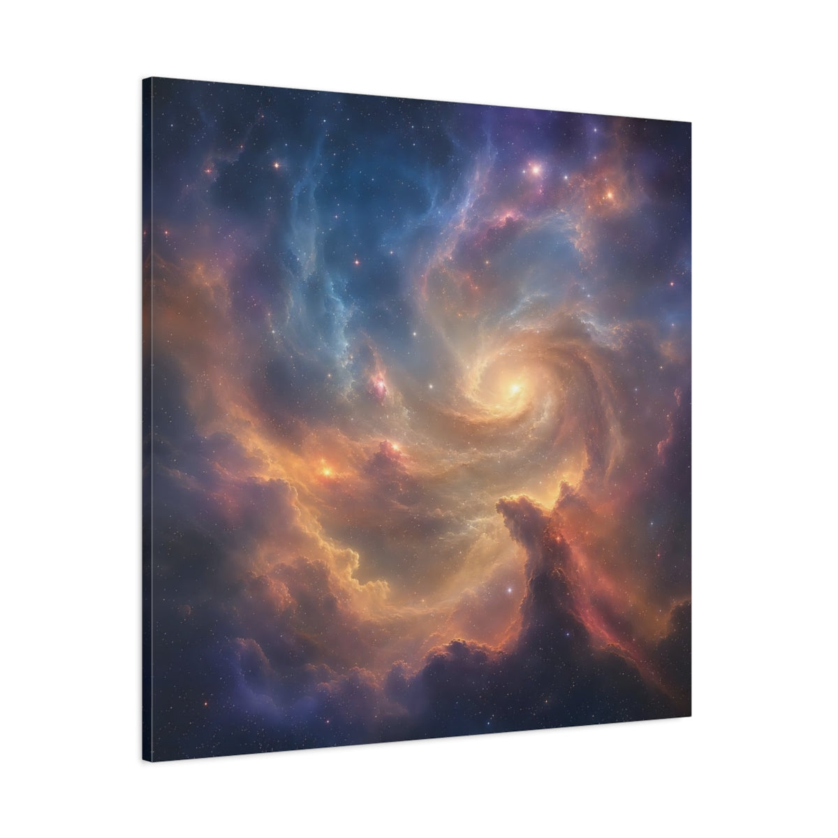 Side Mockup 1. Science Fiction Cosmic Swirl Colorful Nebula shown as stretched canvas wall art