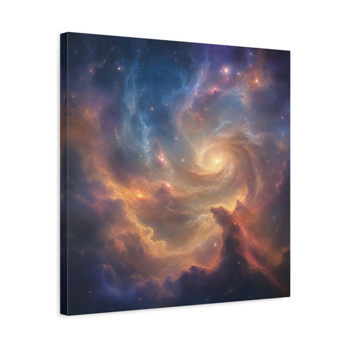 Side Mockup 5. Science Fiction Cosmic Swirl Colorful Nebula shown as stretched canvas wall art