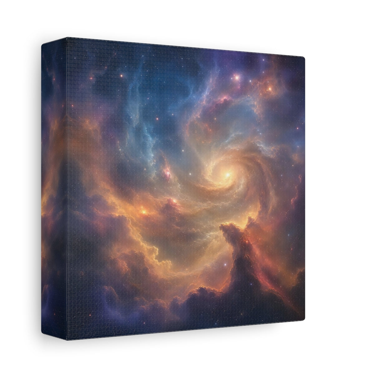 Side Mockup 2. Science Fiction Cosmic Swirl Colorful Nebula shown as stretched canvas wall art