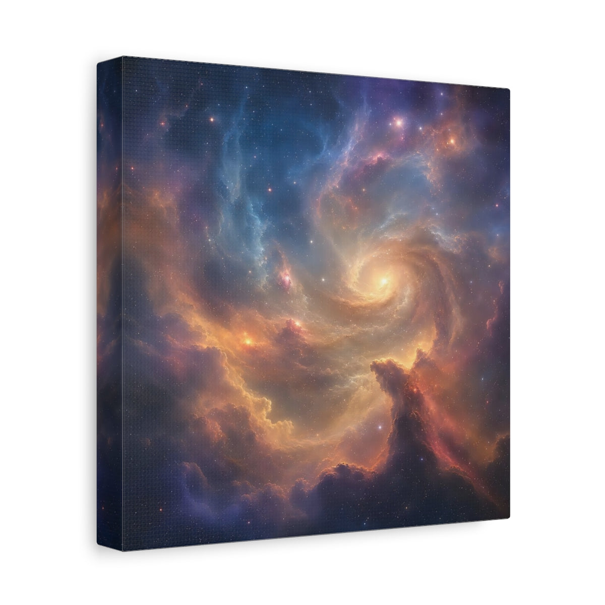 Side Mockup 9. Science Fiction Cosmic Swirl Colorful Nebula shown as stretched canvas wall art