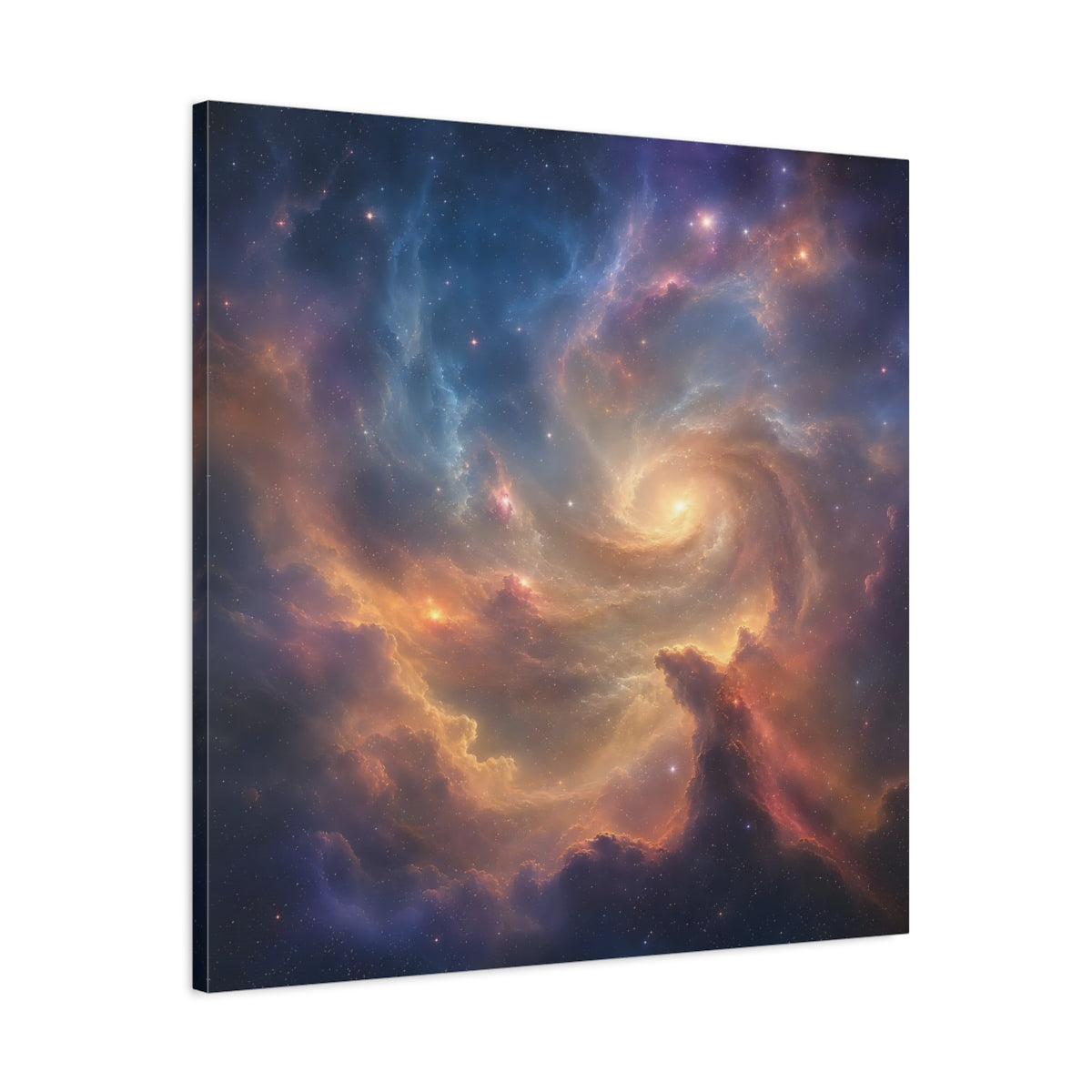 Side Mockup 3. Science Fiction Cosmic Swirl Colorful Nebula shown as stretched canvas wall art