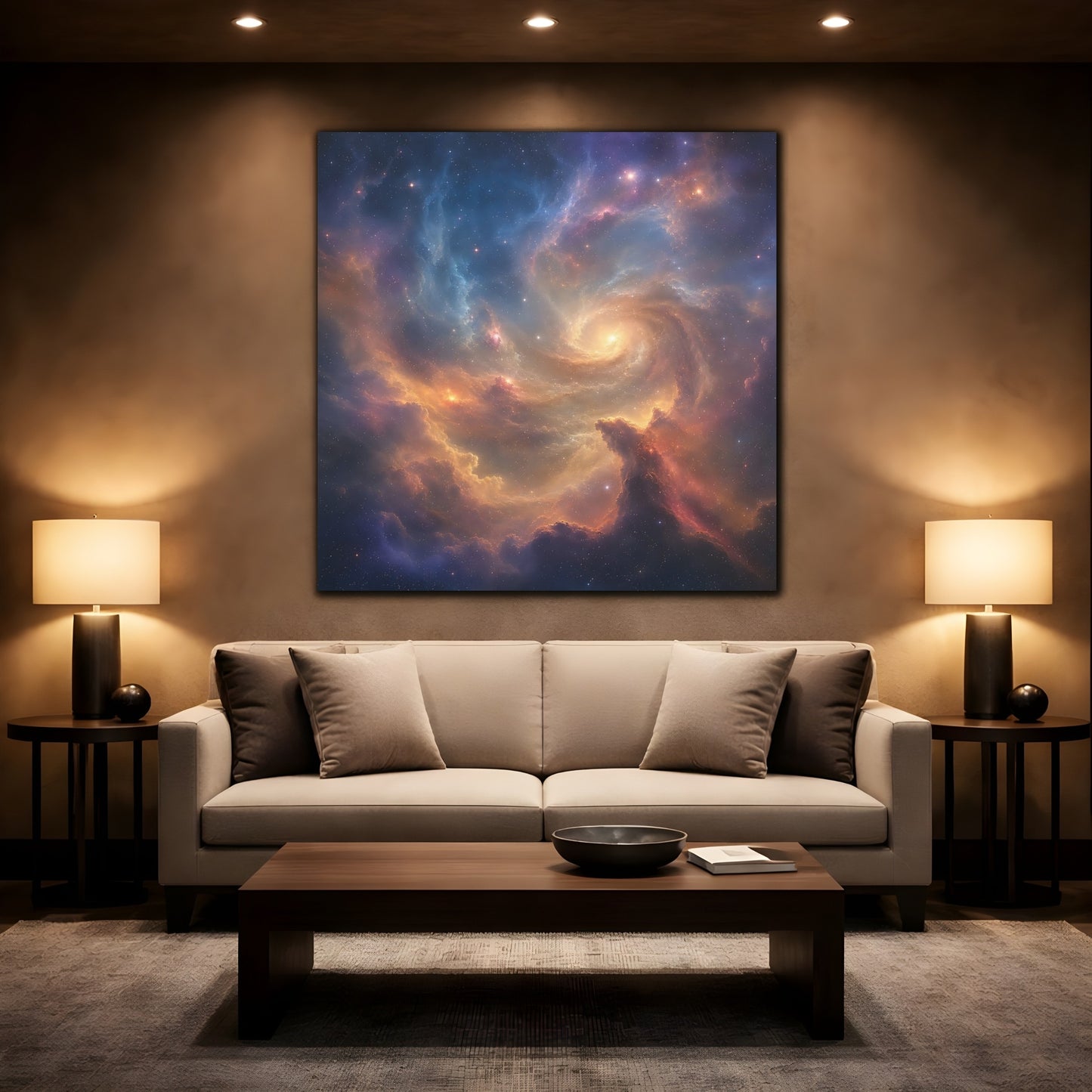 Mockup 2. Science Fiction Cosmic Swirl Colorful Nebula shown as stretched canvas wall art