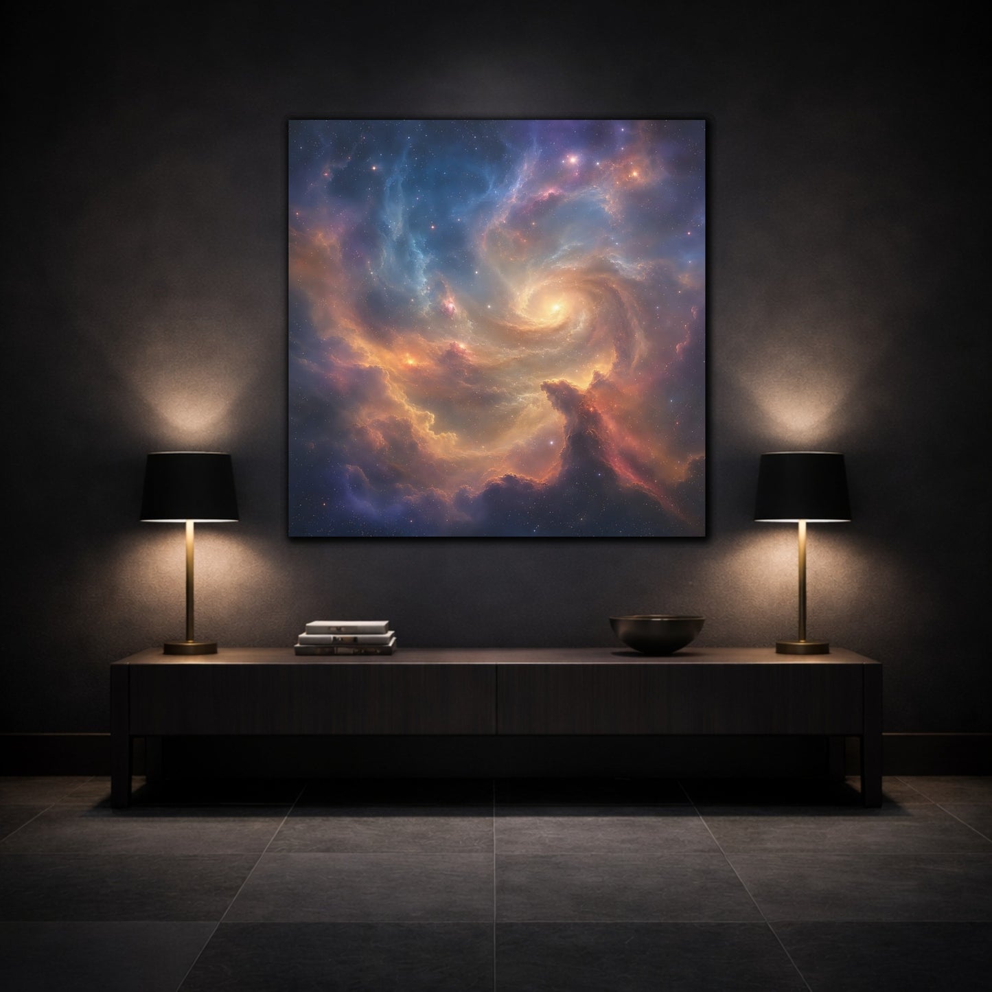Mockup 3. Science Fiction Cosmic Swirl Colorful Nebula shown as stretched canvas wall art