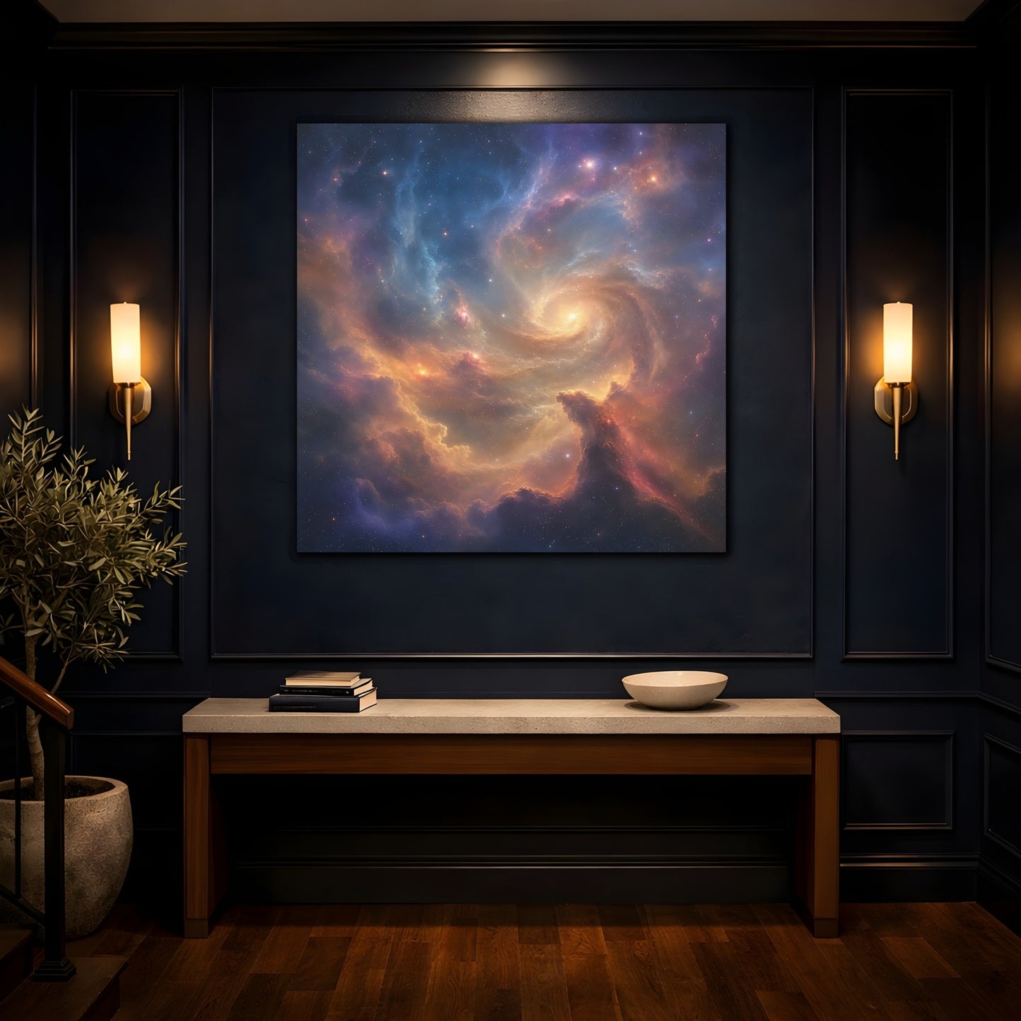Mockup 4. Science Fiction Cosmic Swirl Colorful Nebula shown as stretched canvas wall art