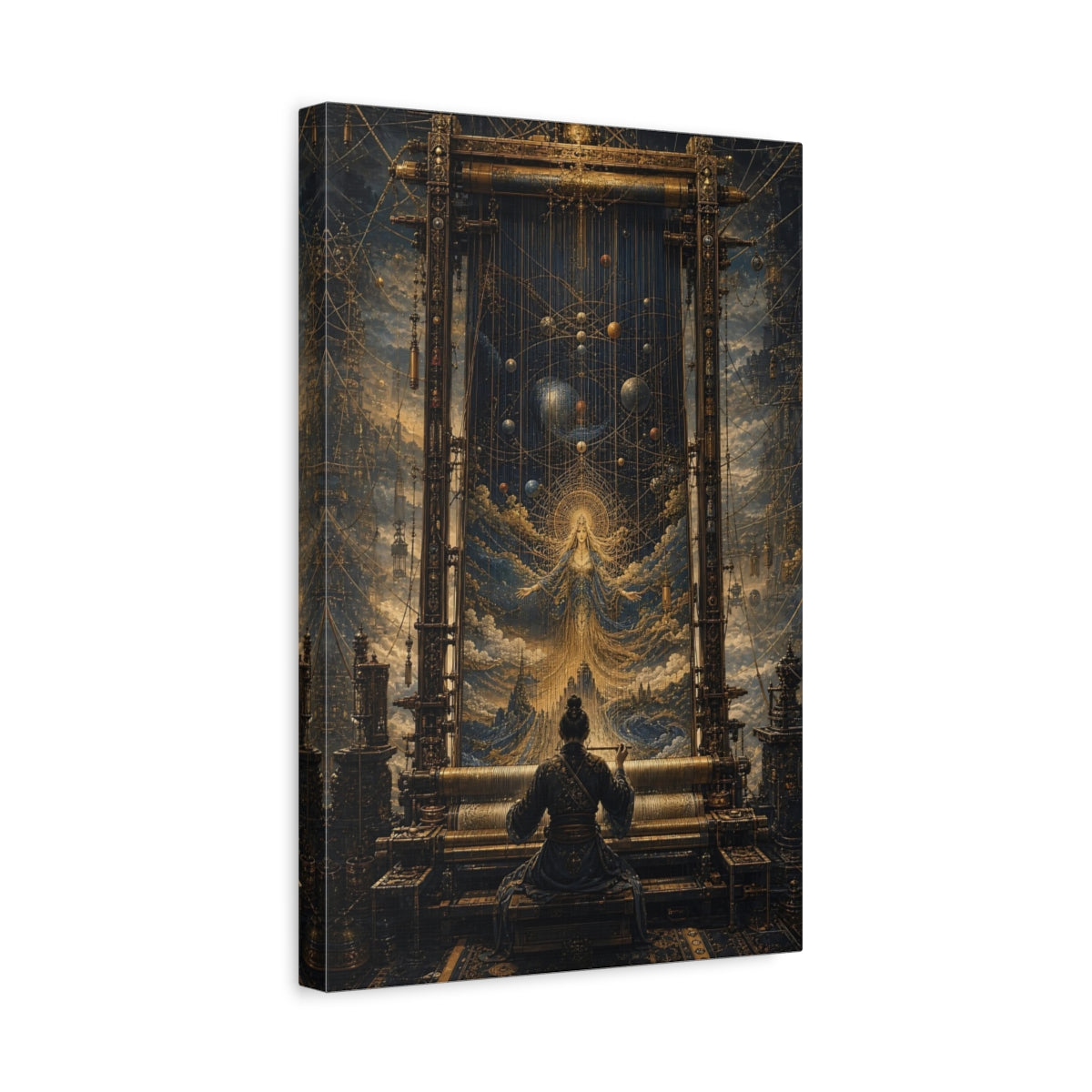 Side Mockup 4. Science Fiction Cosmic Weaver Blue And Gold shown as stretched canvas wall art