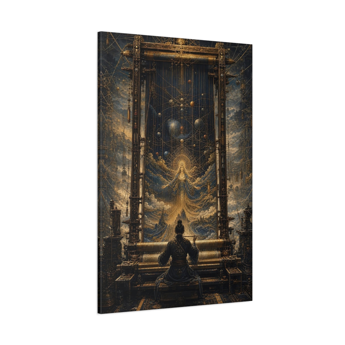 Side Mockup 1. Science Fiction Cosmic Weaver Blue And Gold shown as stretched canvas wall art