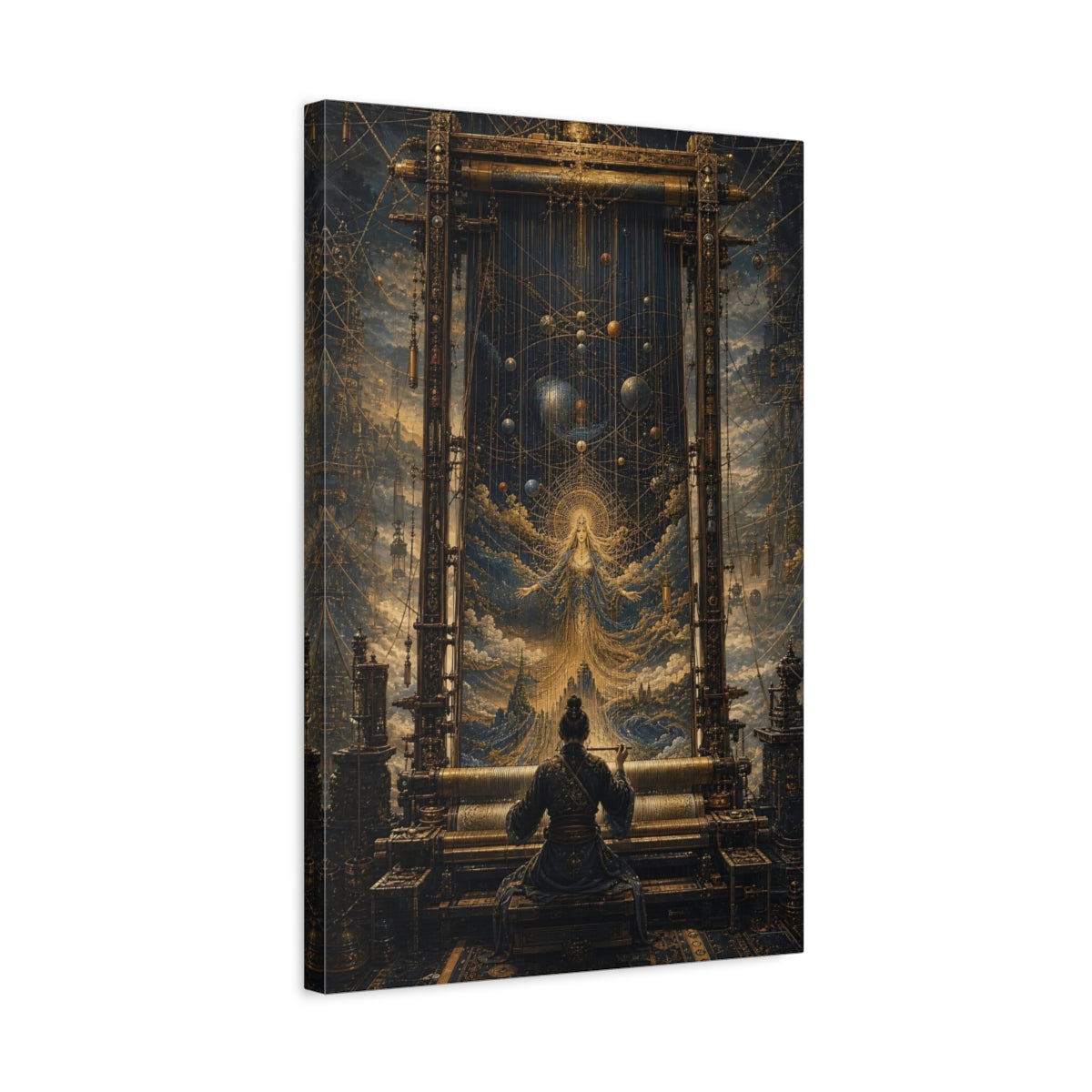 Side Mockup 3. Science Fiction Cosmic Weaver Blue And Gold shown as stretched canvas wall art